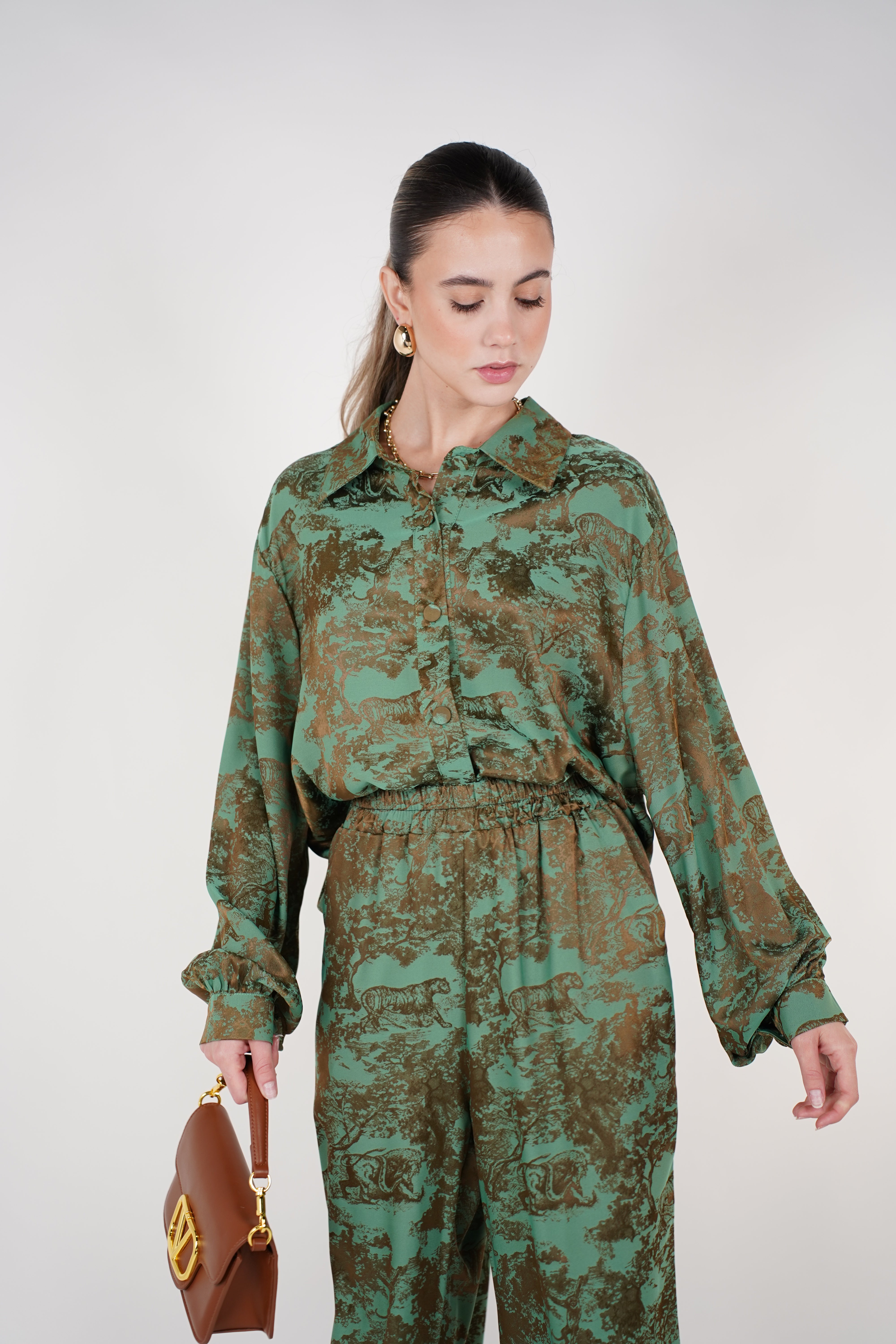 Jynae Stamped Pants Set | Green and Brown Printed Two-Piece Outfit