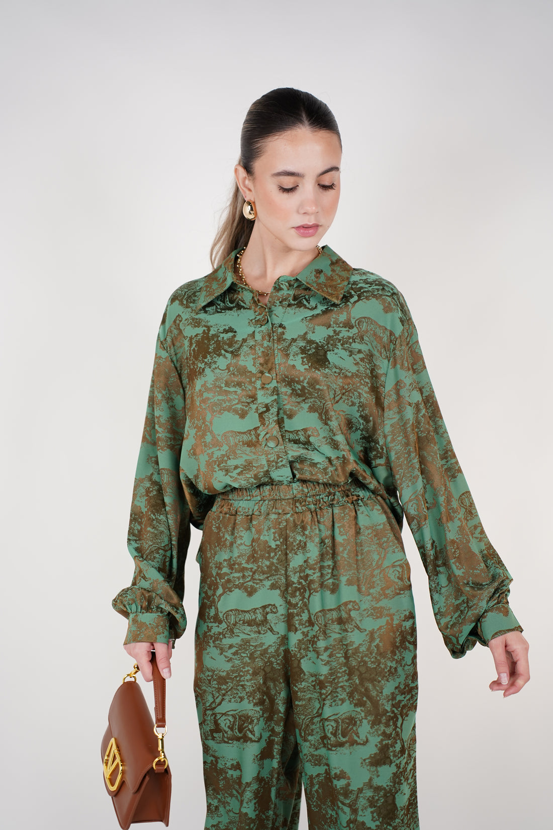 Jynae Stamped Pants Set | Green and Brown Printed Two-Piece Outfit