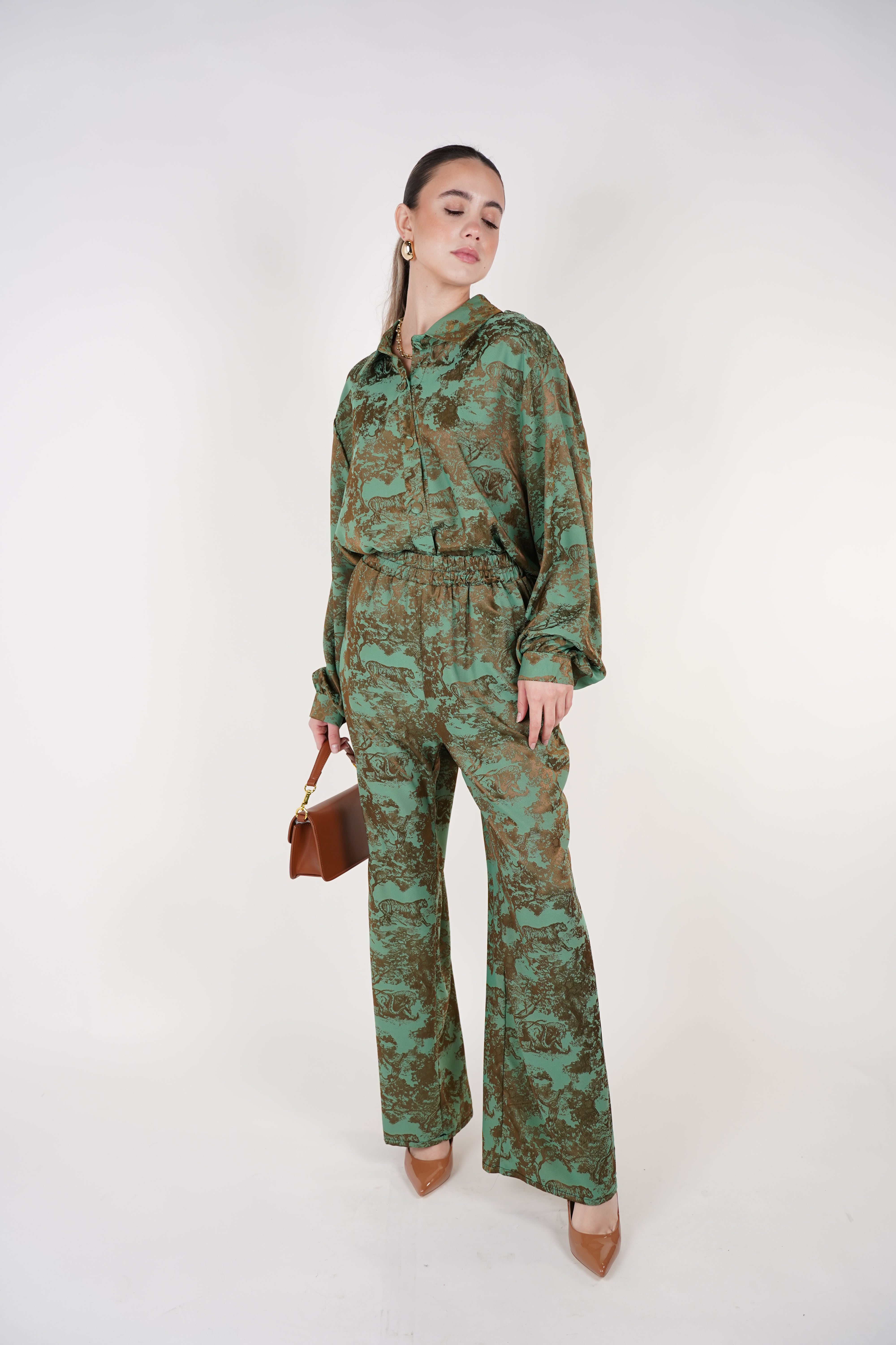 Jynae Stamped Pants Set | Green and Brown Printed Two-Piece Outfit