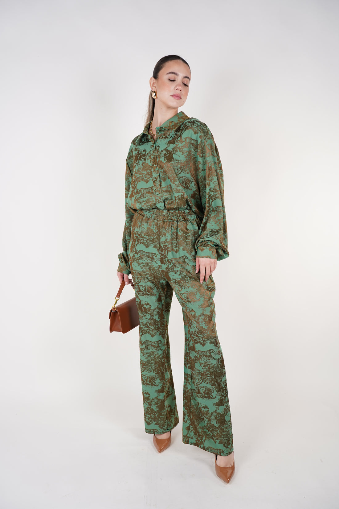 Jynae Stamped Pants Set | Green and Brown Printed Two-Piece Outfit