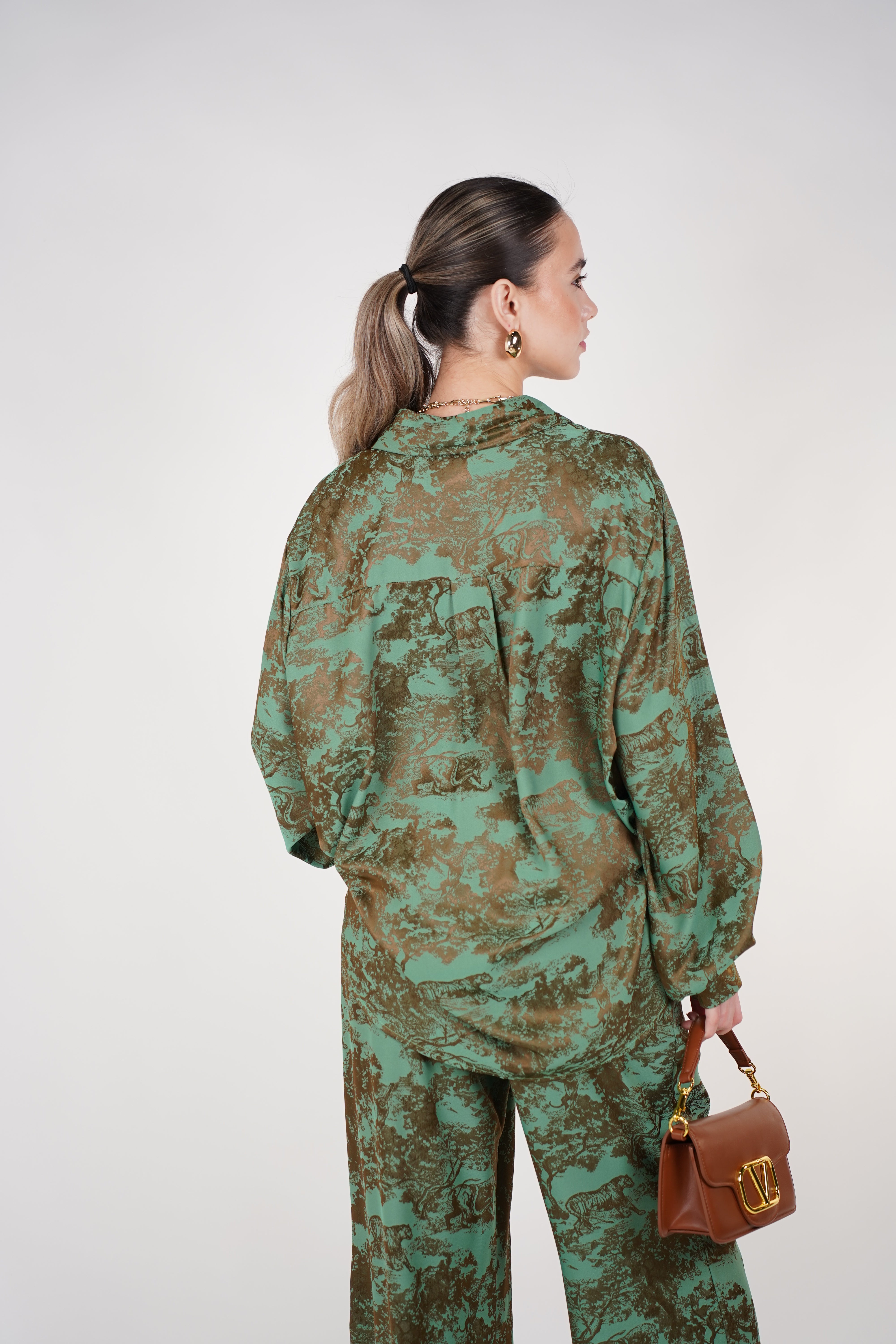 Jynae Stamped Pants Set | Green and Brown Printed Two-Piece Outfit