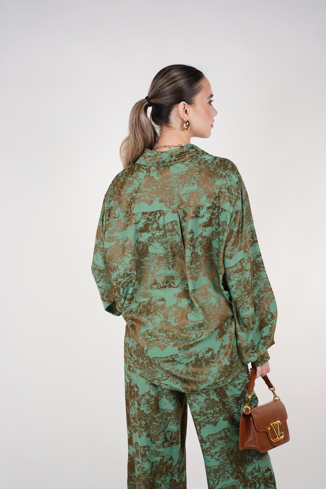 Jynae Stamped Pants Set | Green and Brown Printed Two-Piece Outfit