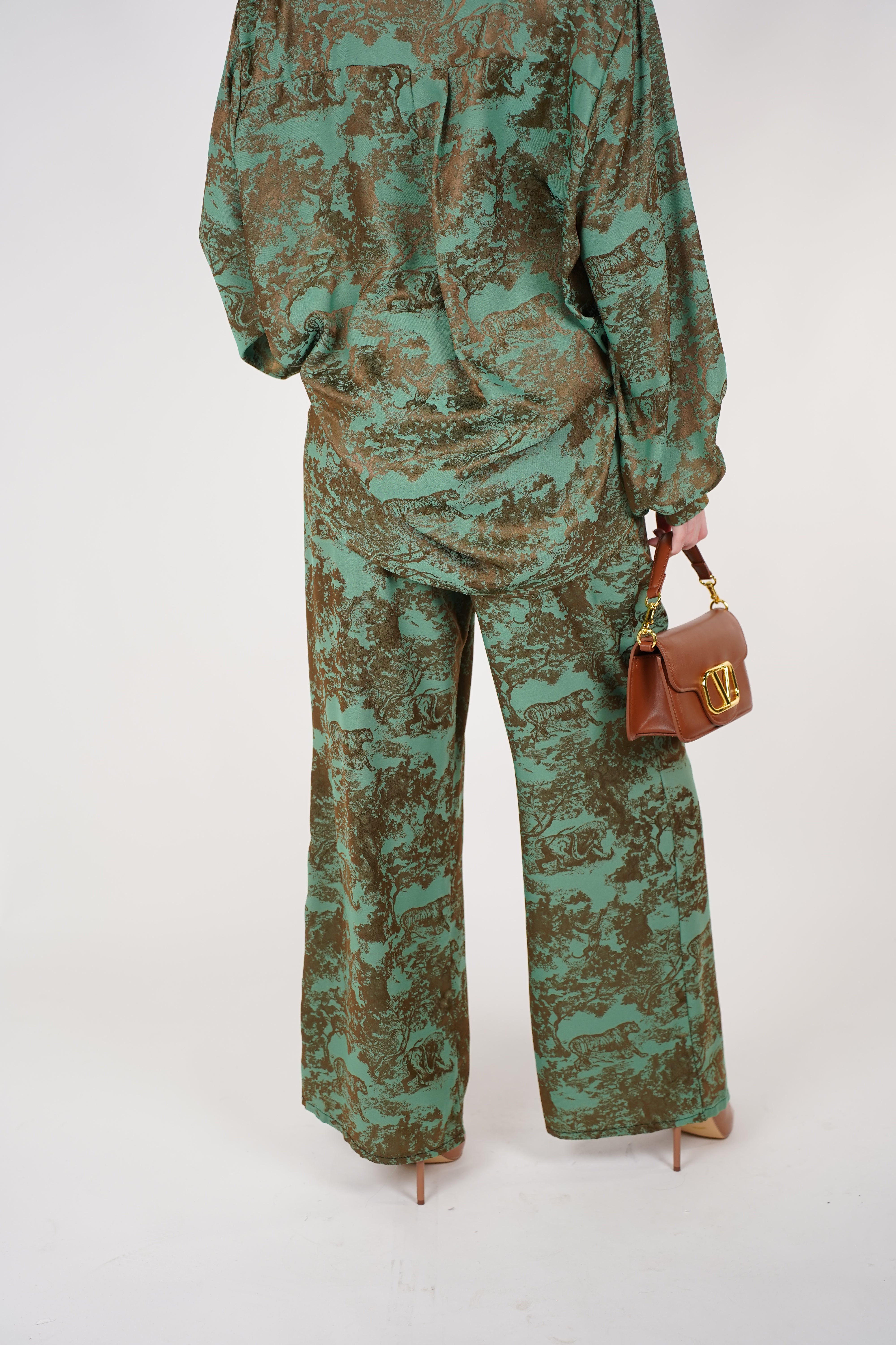 Jynae Stamped Pants Set | Green and Brown Printed Two-Piece Outfit
