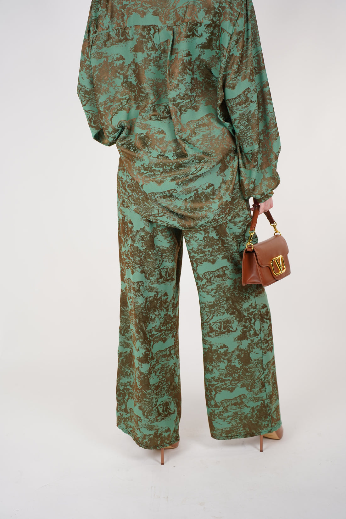 Jynae Stamped Pants Set | Green and Brown Printed Two-Piece Outfit