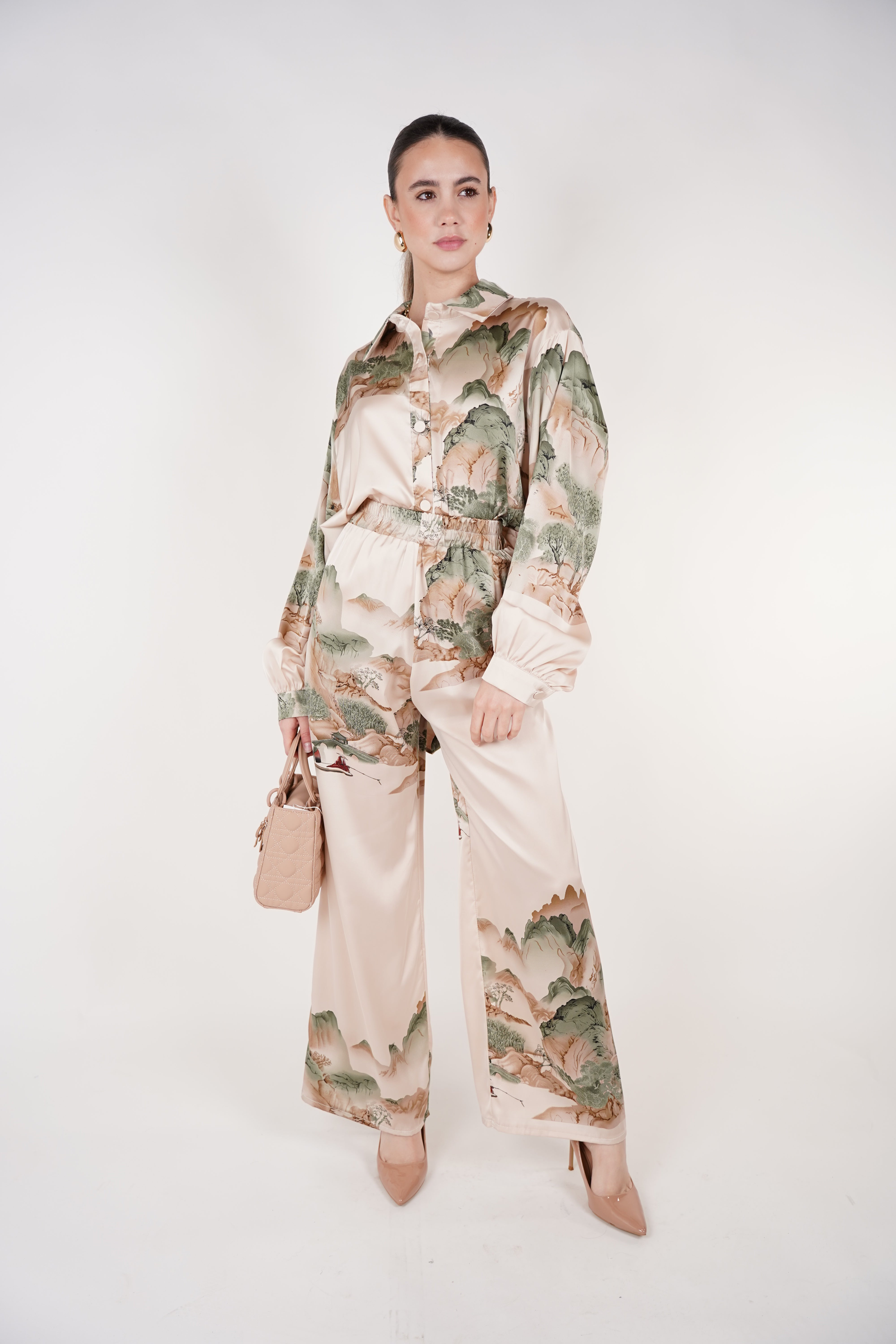 Kalyn Stamped Pants Set | Beige Sage Satin Printed Two-Piece Outfit