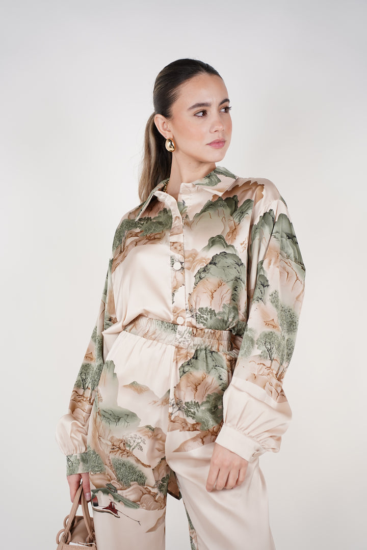 Kalyn Stamped Pants Set | Beige Sage Satin Printed Two-Piece Outfit