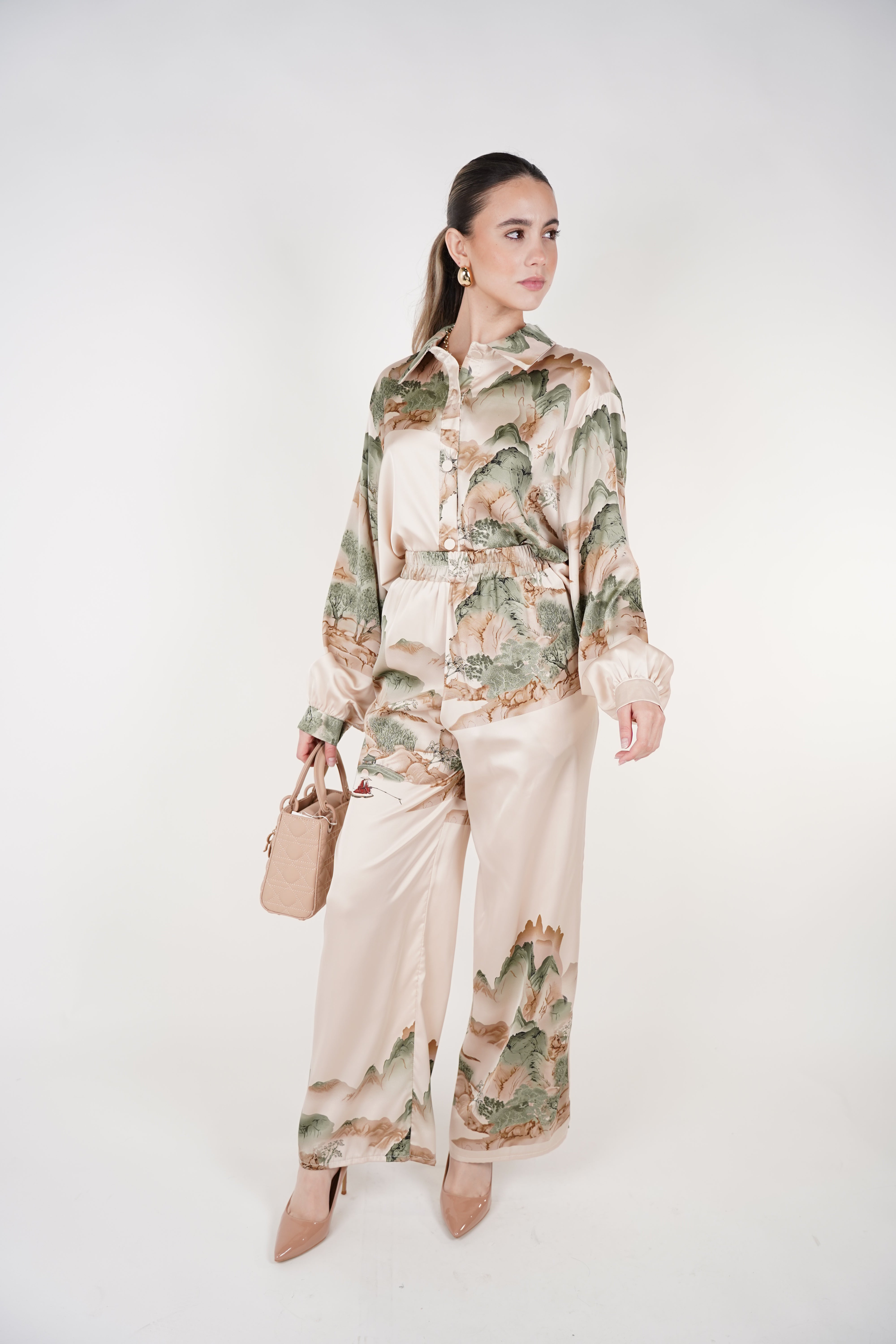 Kalyn Stamped Pants Set | Beige Sage Satin Printed Two-Piece Outfit