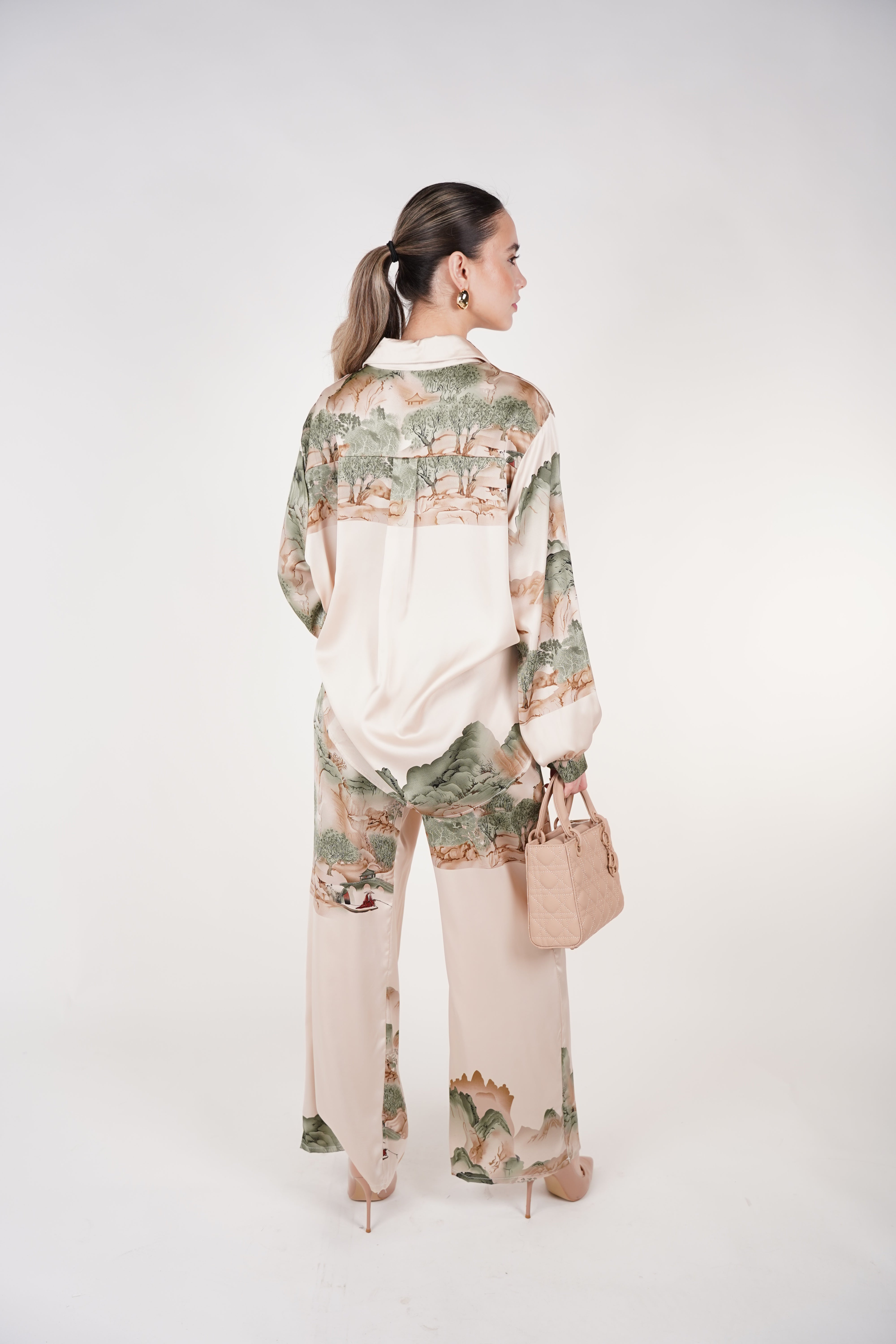 Kalyn Stamped Pants Set | Beige Sage Satin Printed Two-Piece Outfit