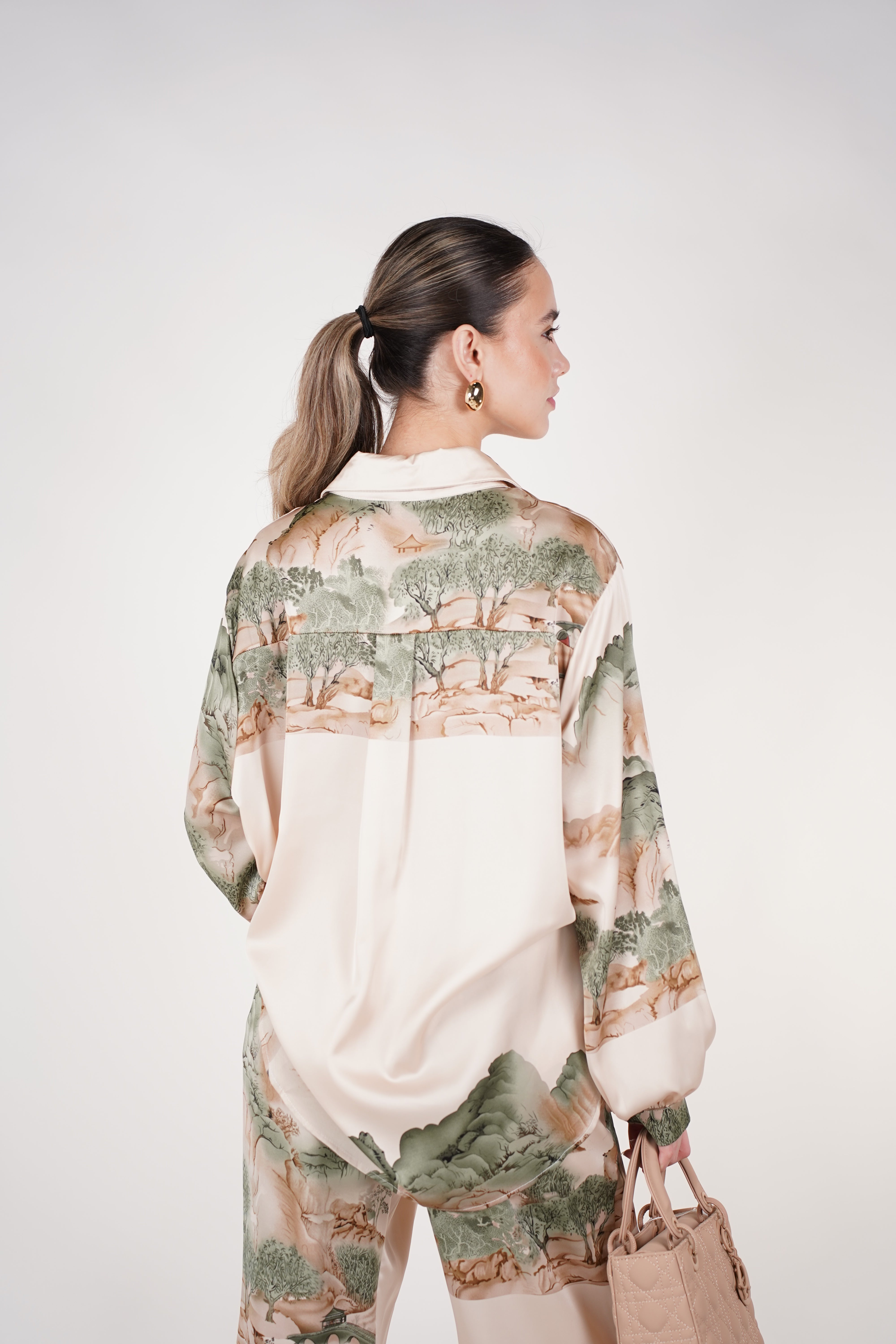 Kalyn Stamped Pants Set | Beige Sage Satin Printed Two-Piece Outfit