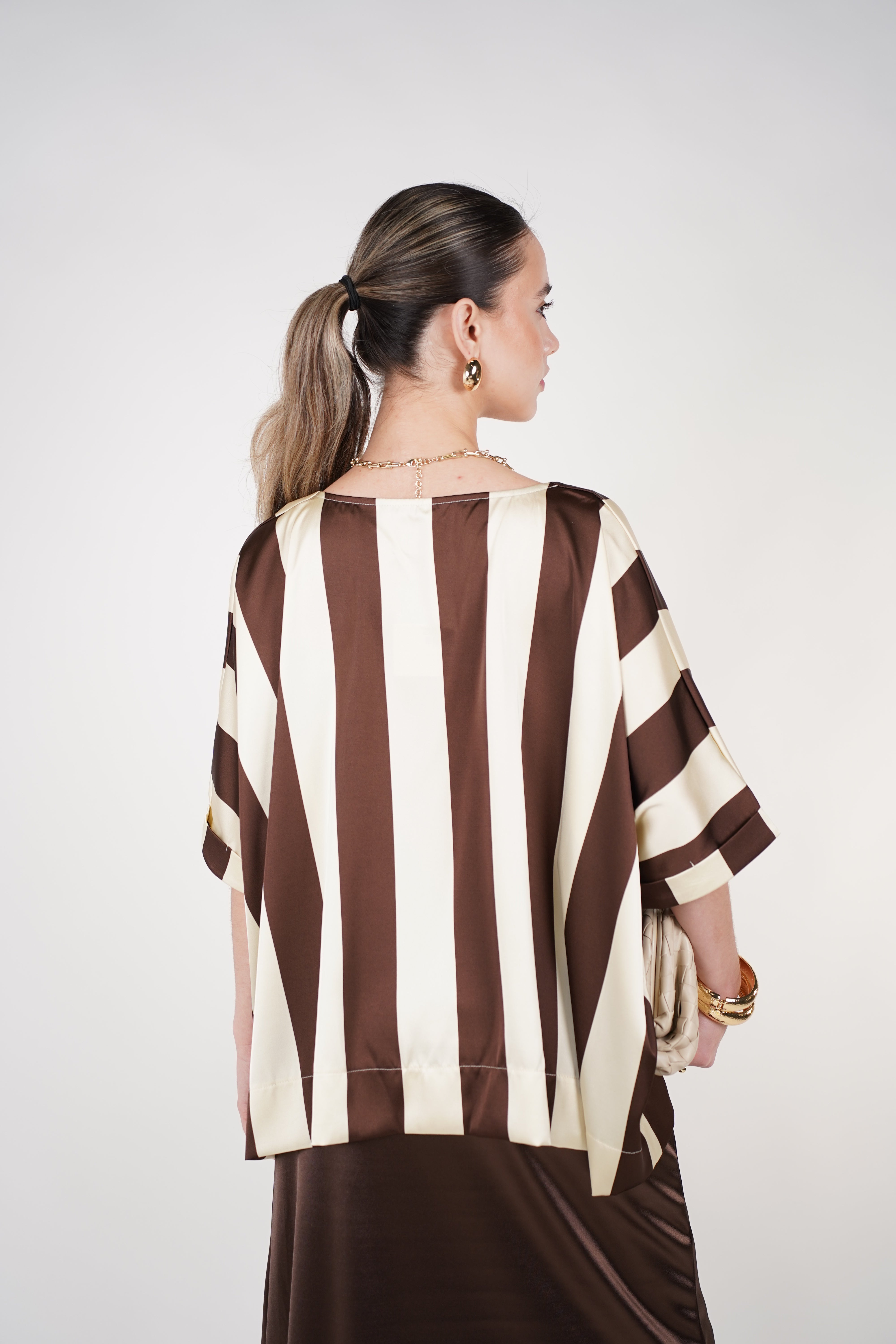 Orliria Striped Blouse | Brown &amp; Cream Oversized Satin Top