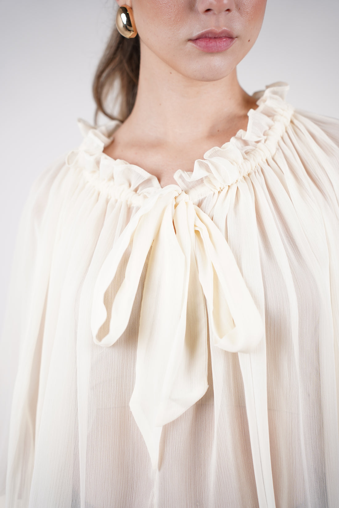 Mirelle Sheer Ribbon Blouse | Elegant Cream Ruffle Top