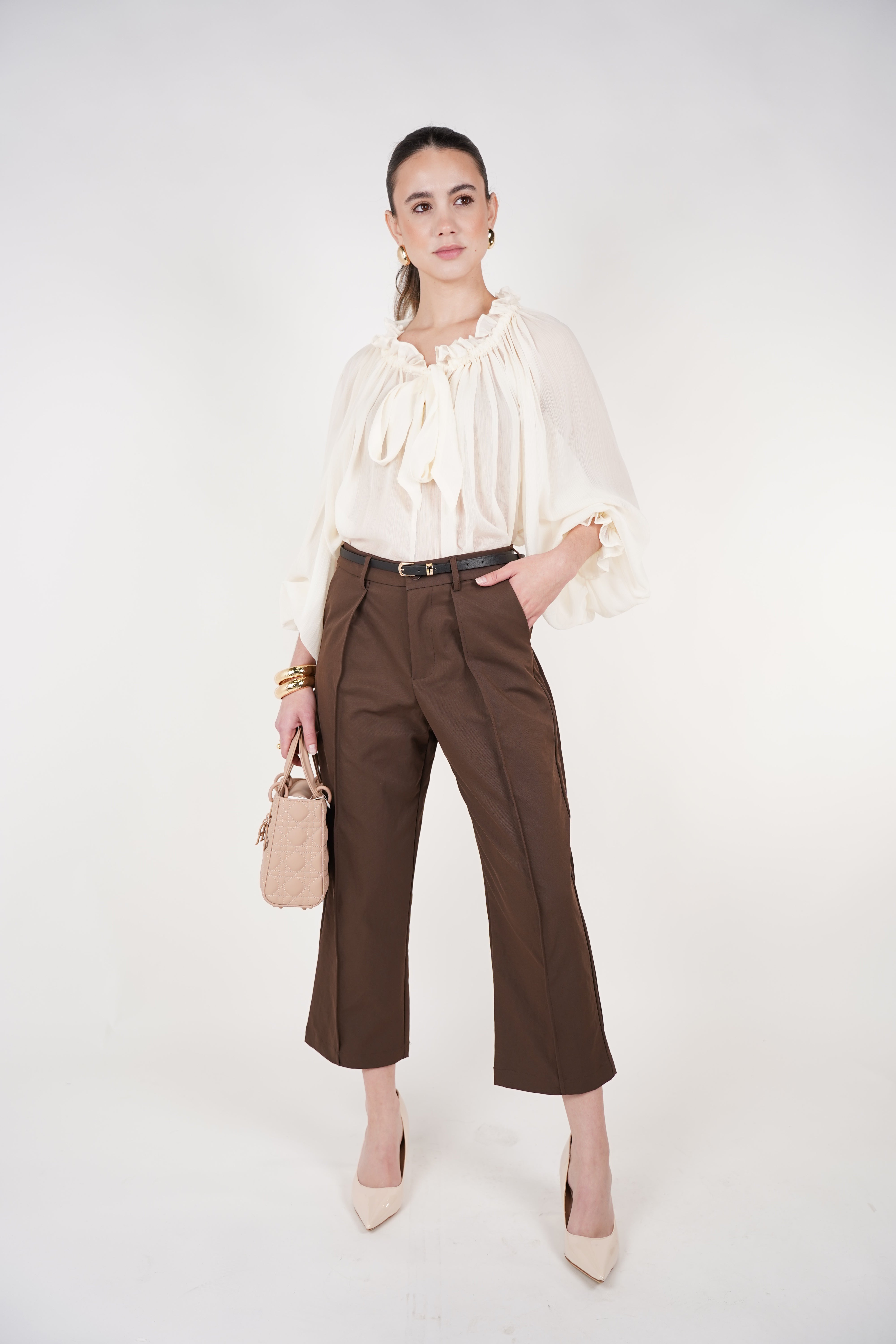 Auria Belted Cropped Pants | Brown Tailored Cropped Trousers