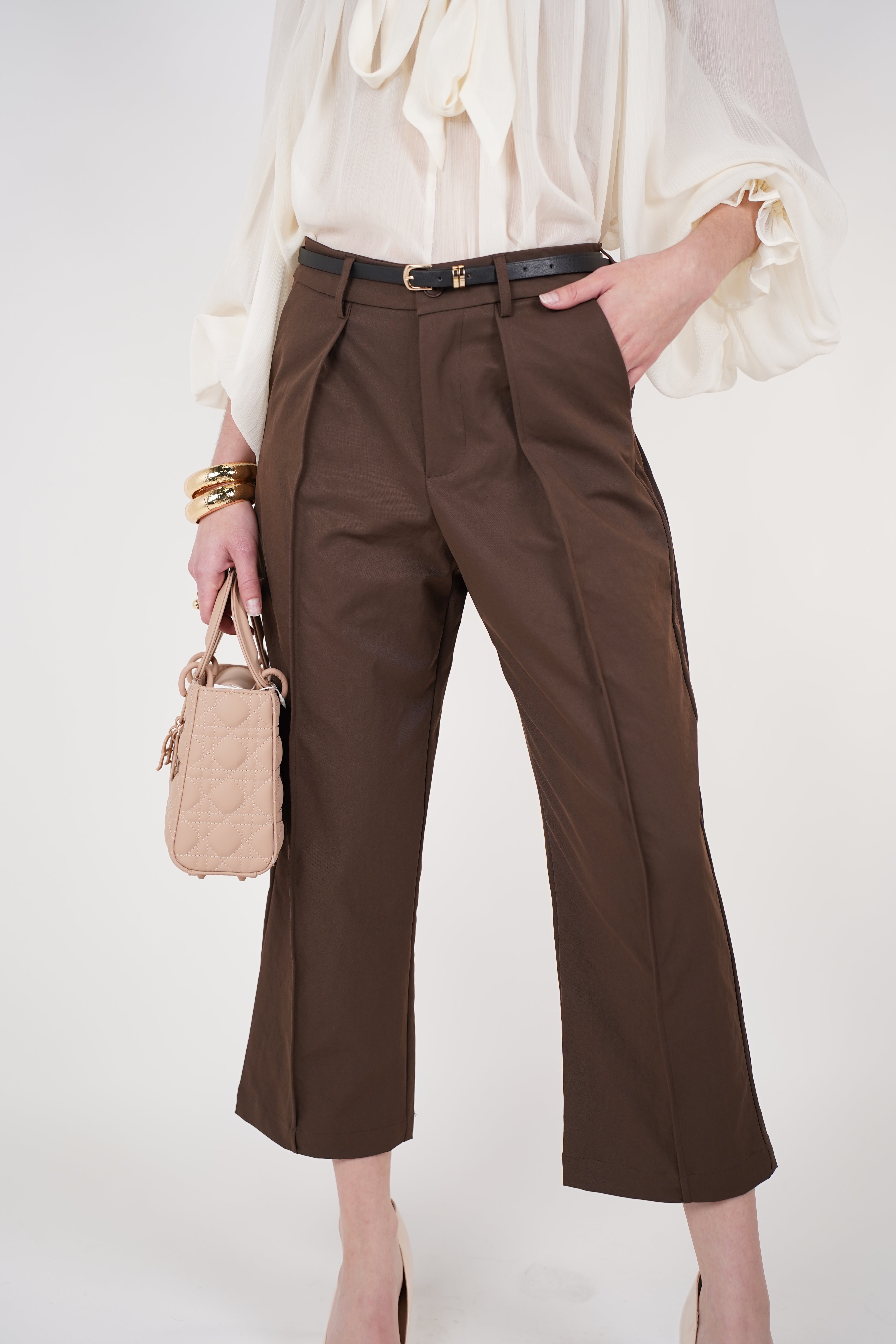 Auria Belted Cropped Pants | Brown Tailored Cropped Trousers