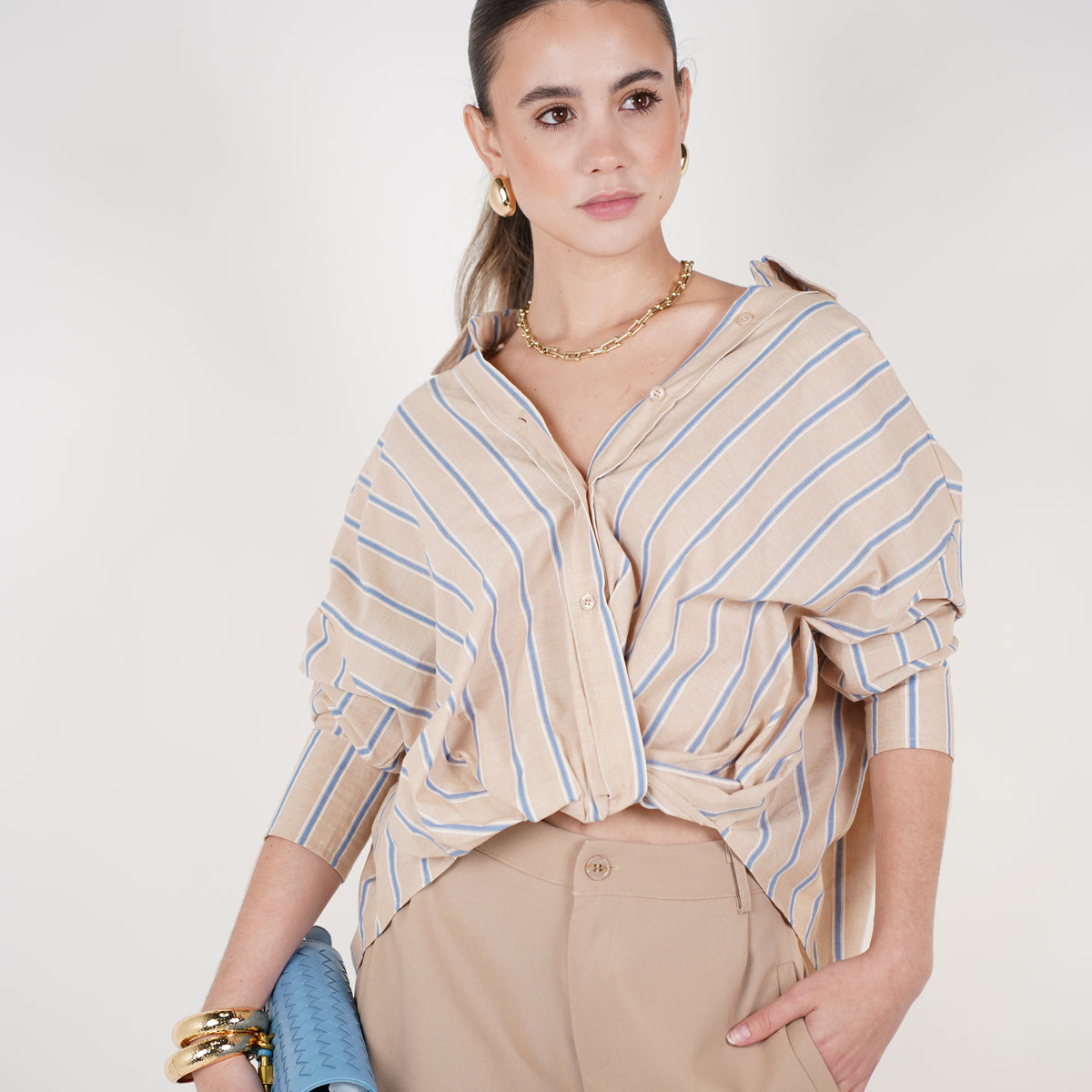 Elyss Striped Button Down – Neutral Oversized Button Up Top – Carema ...