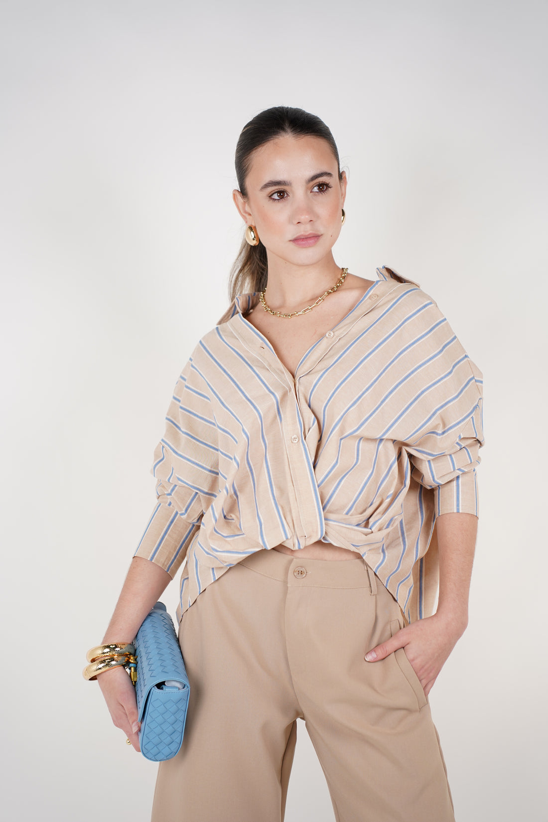 Elyss Striped Button Down – Neutral Oversized Button Up Top