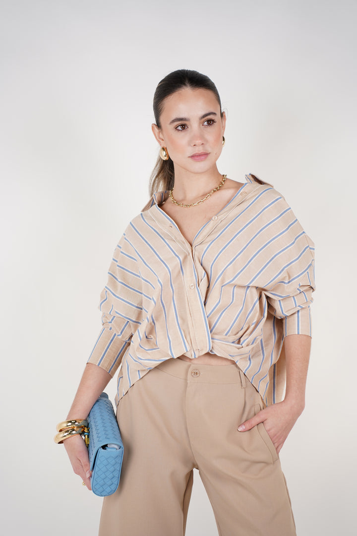 Elyss Striped Button Down – Neutral Oversized Button Up Top