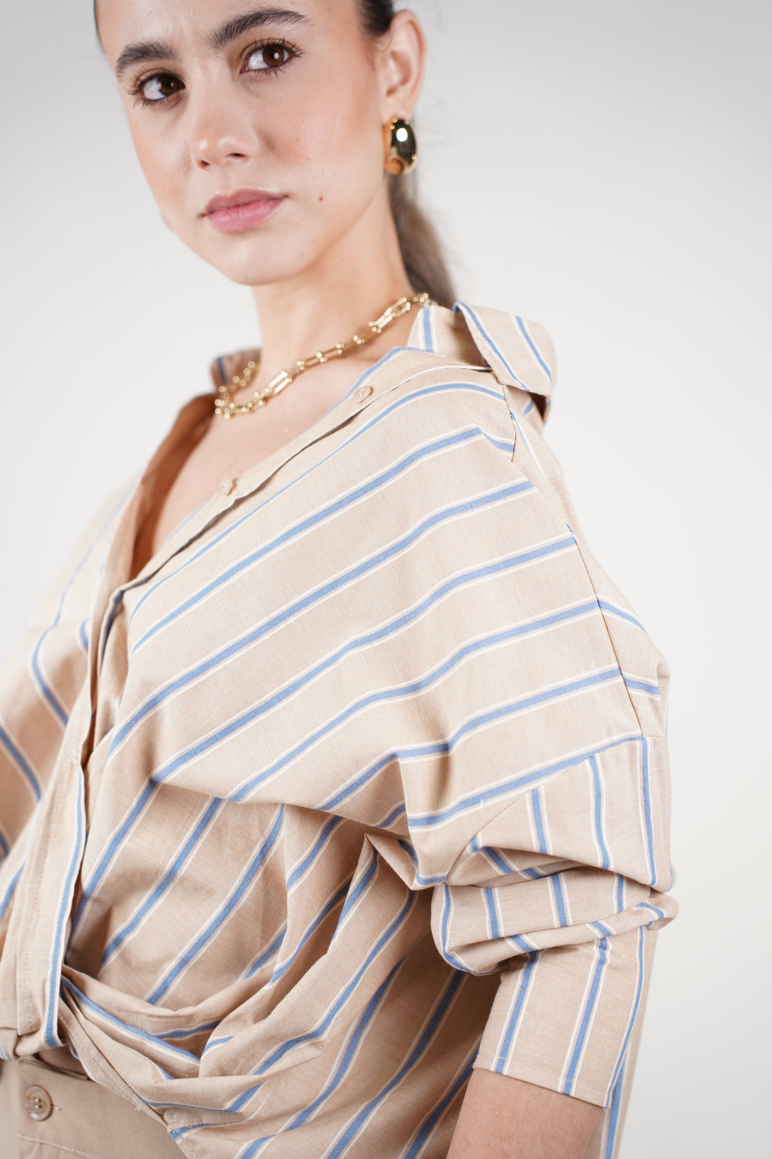 Elyss Striped Button Down – Neutral Oversized Button Up Top