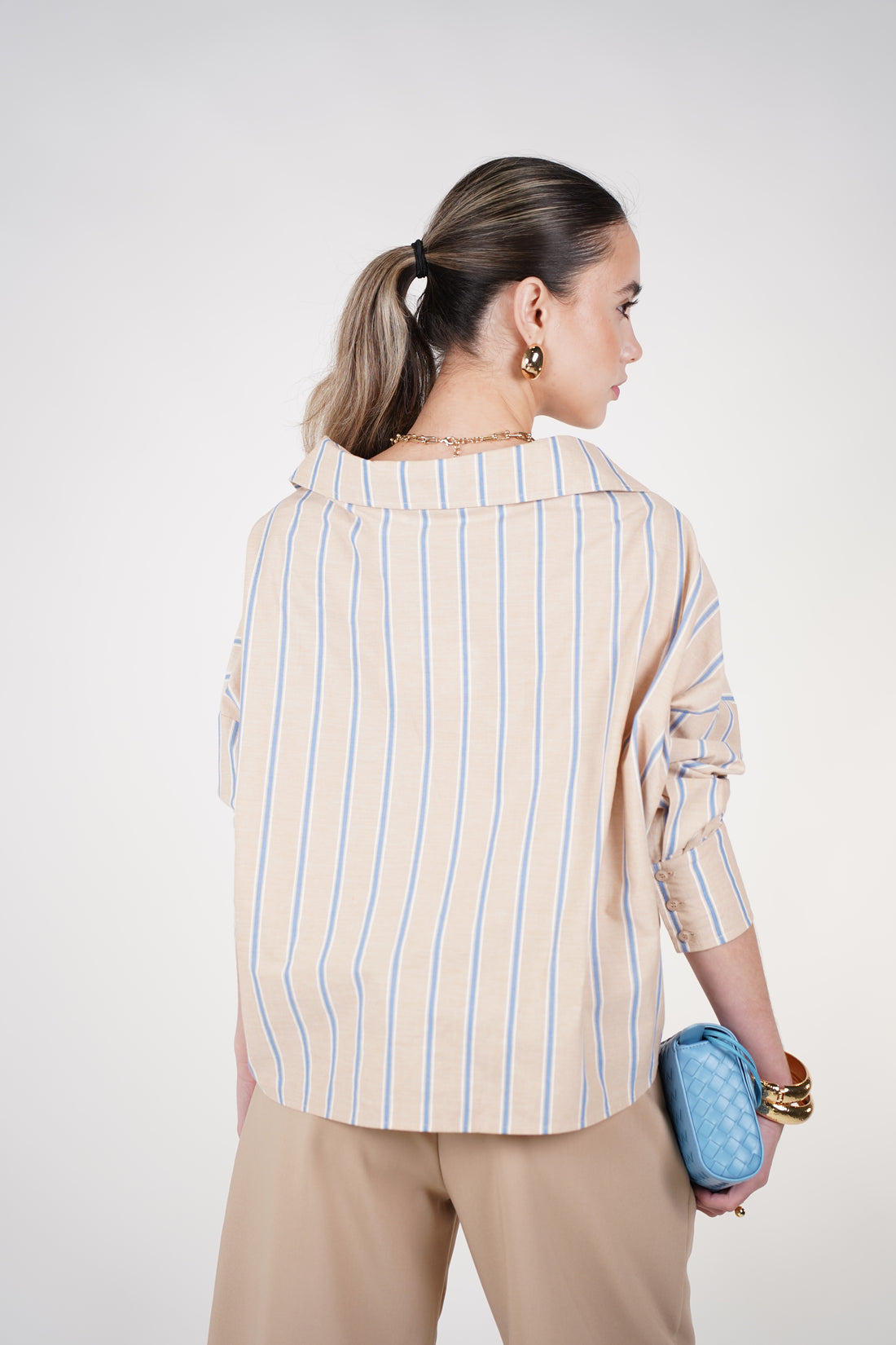 Elyss Striped Button Down – Neutral Oversized Button Up Top