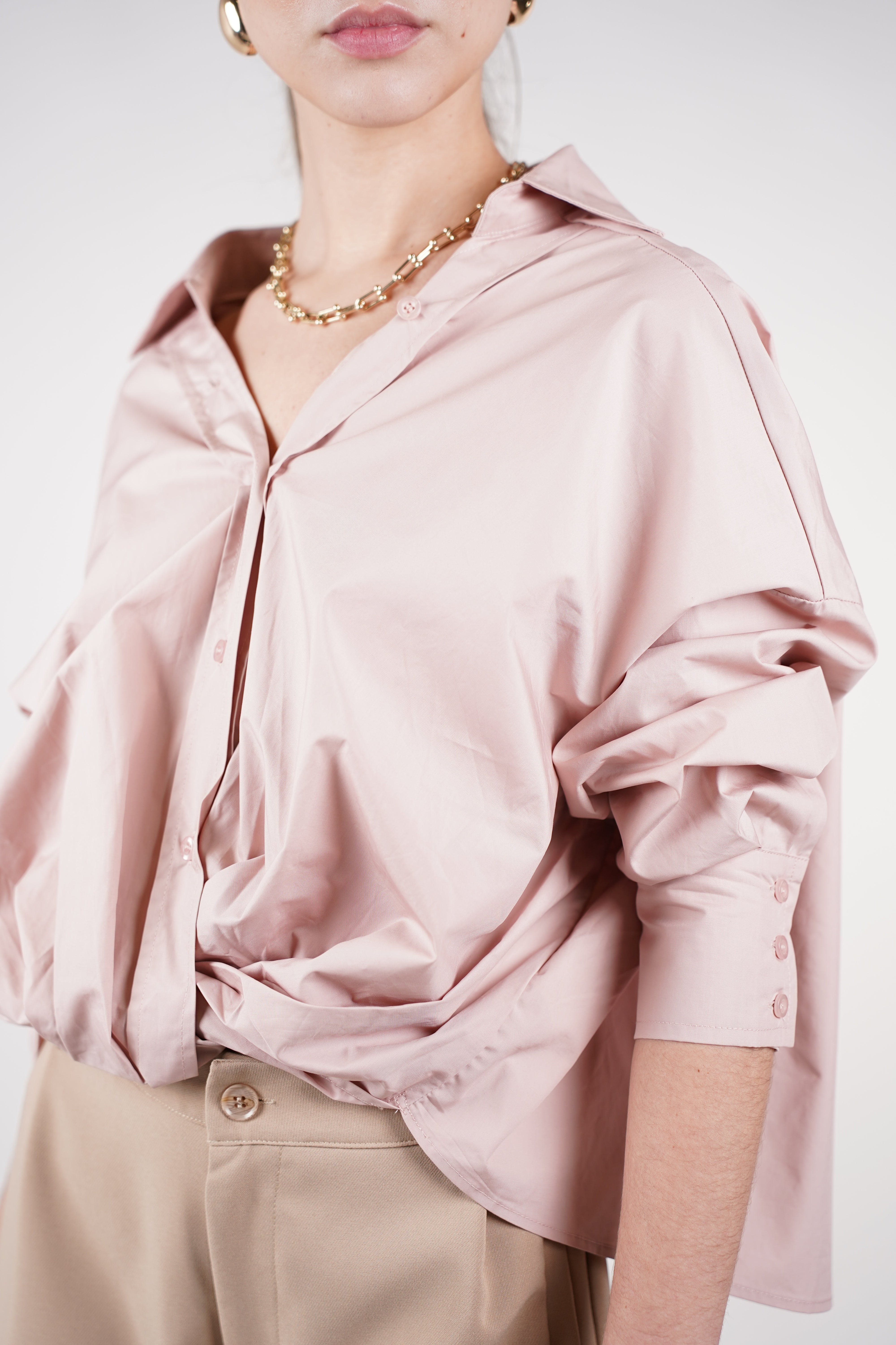 Llya Cross Front Button Down – Soft Blush Twist-Draped Shirt