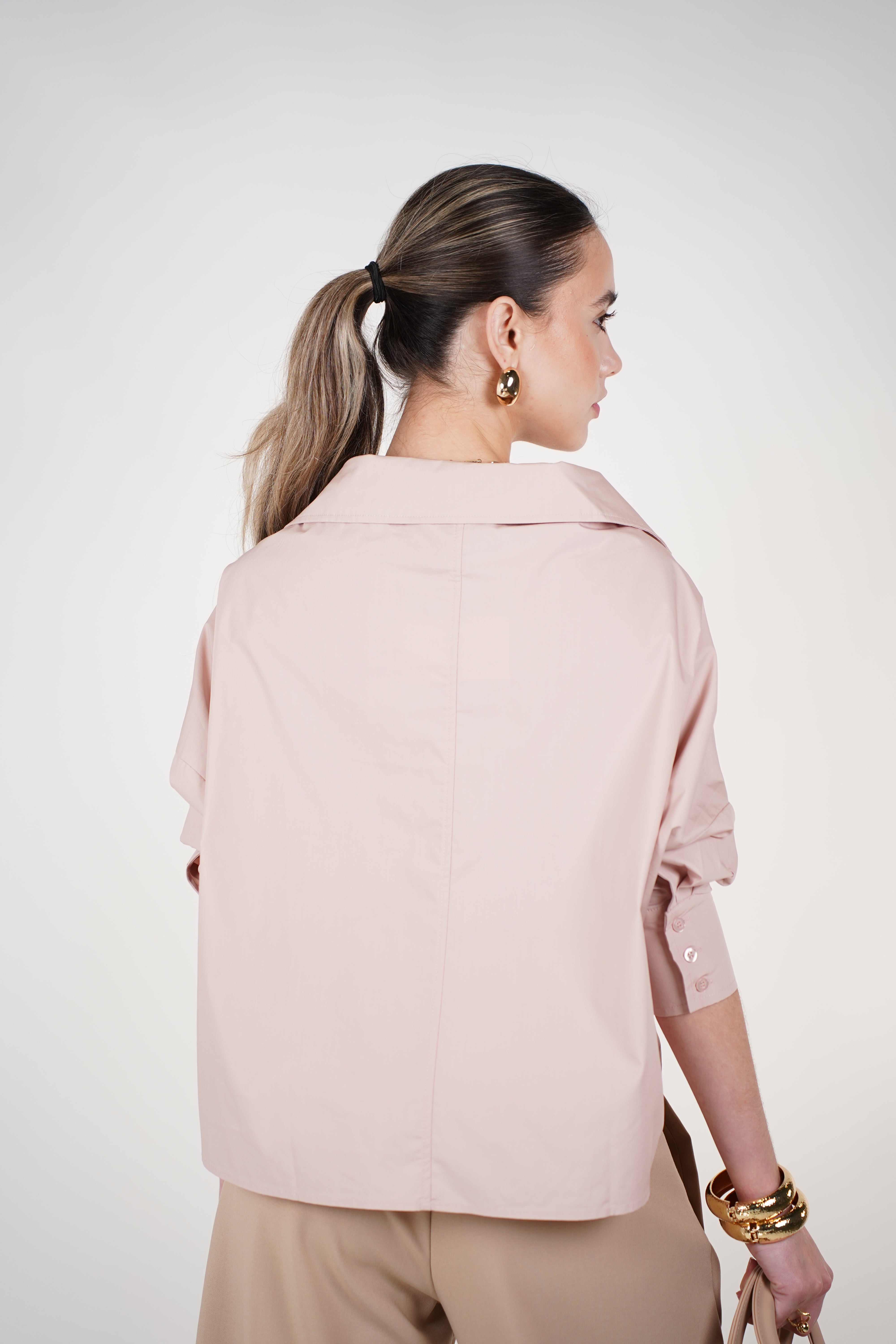 Llya Cross Front Button Down – Soft Blush Twist-Draped Shirt