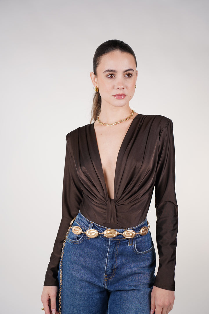 Marcelita Longsleeve Bodysuit – Satin Knot-Front Deep V Bodysuit