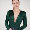 Marcelita Longsleeve Bodysuit – Satin Knot-Front Deep V Bodysuit