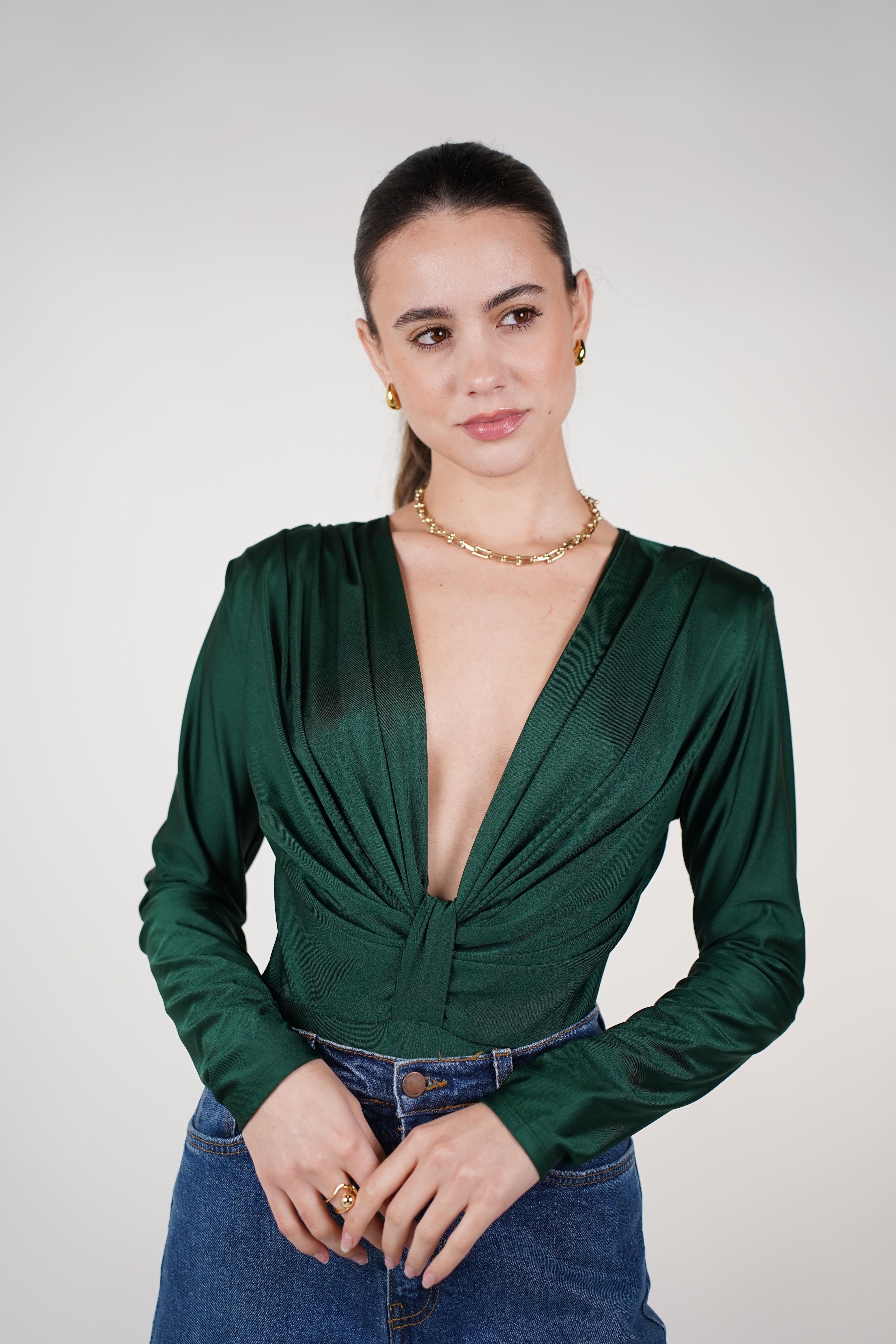 Marcelita Longsleeve Bodysuit – Satin Knot-Front Deep V Bodysuit