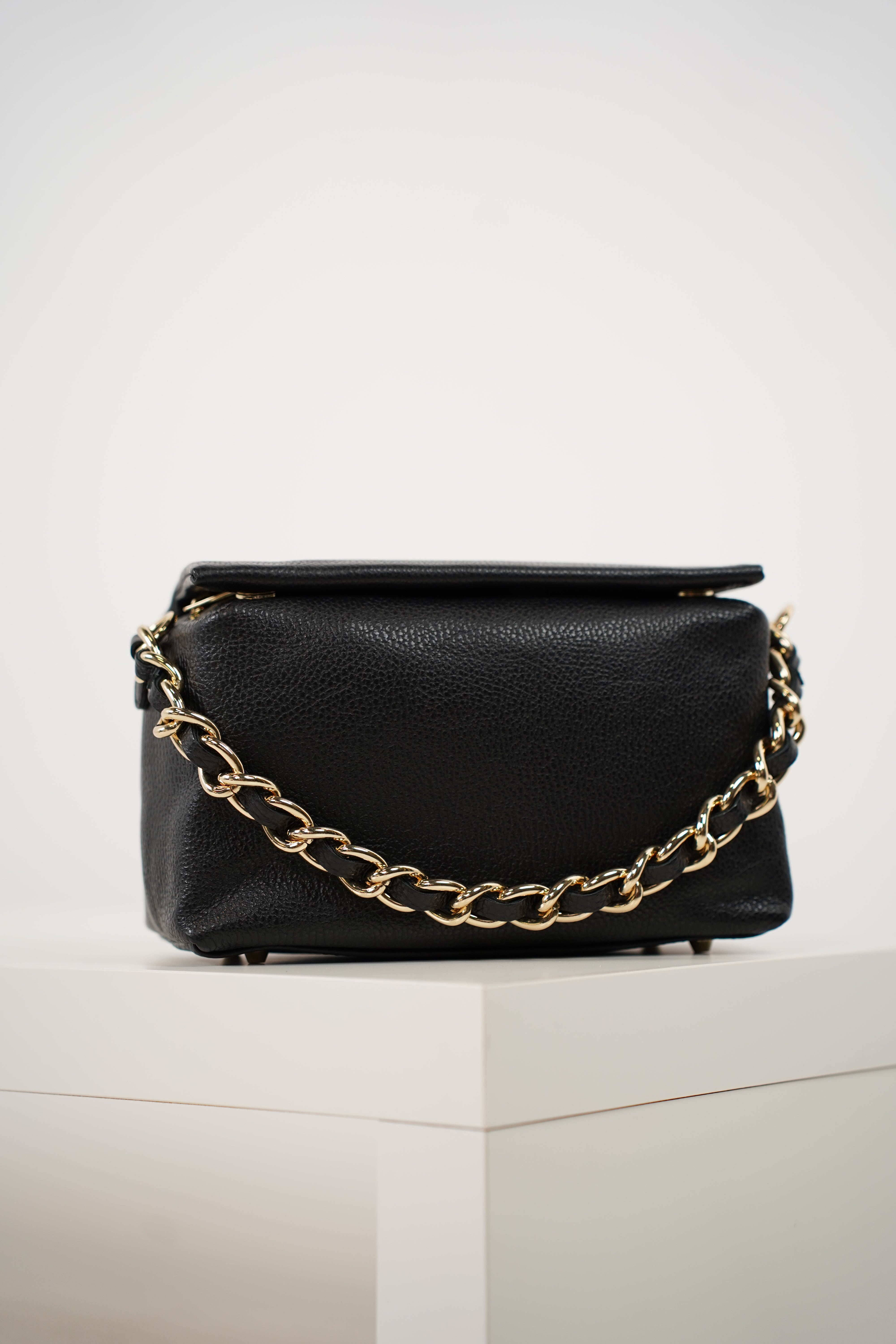 Nirra Bag – Black Italian Leather with Gold Chain Accent