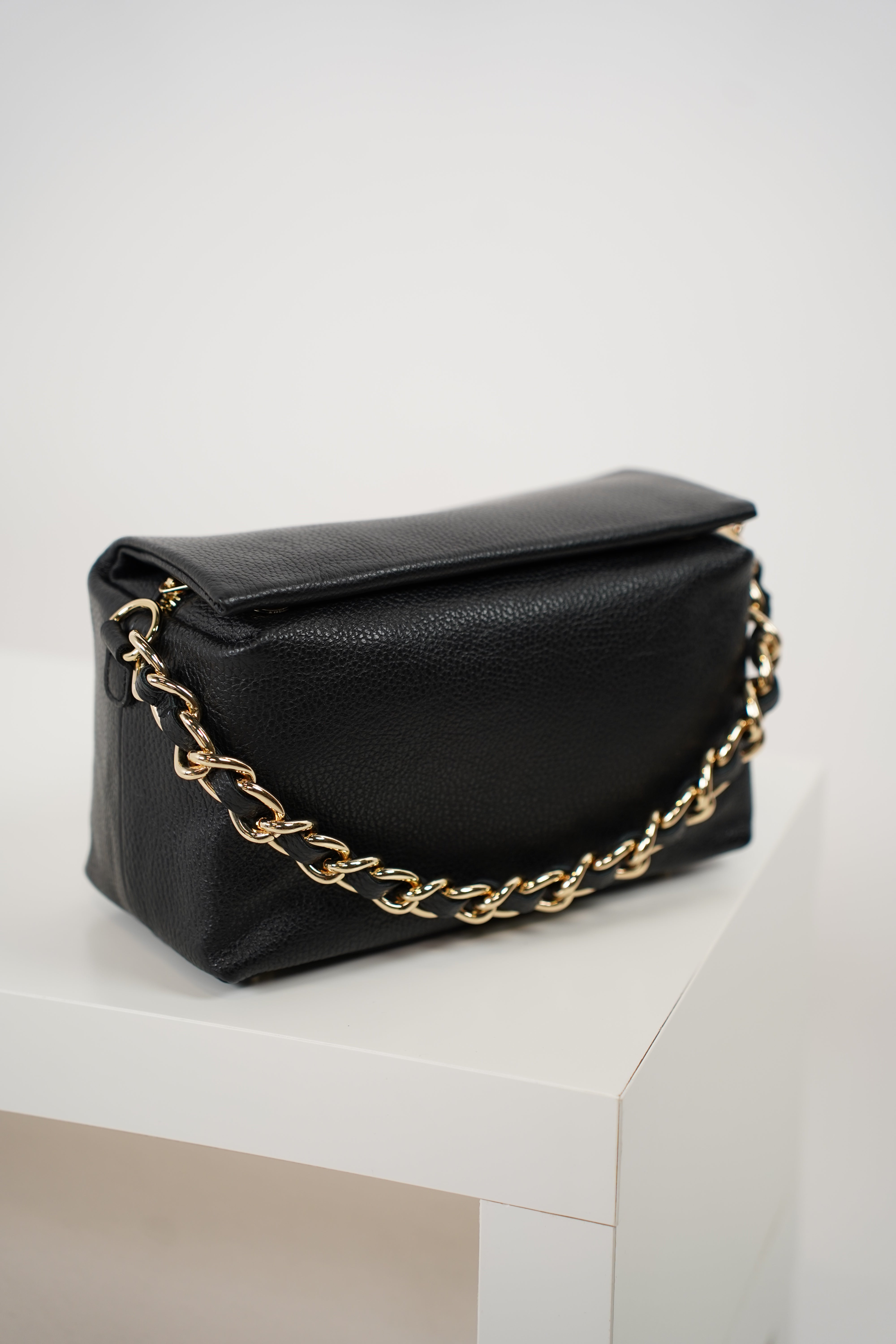 Nirra Bag – Black Italian Leather with Gold Chain Accent