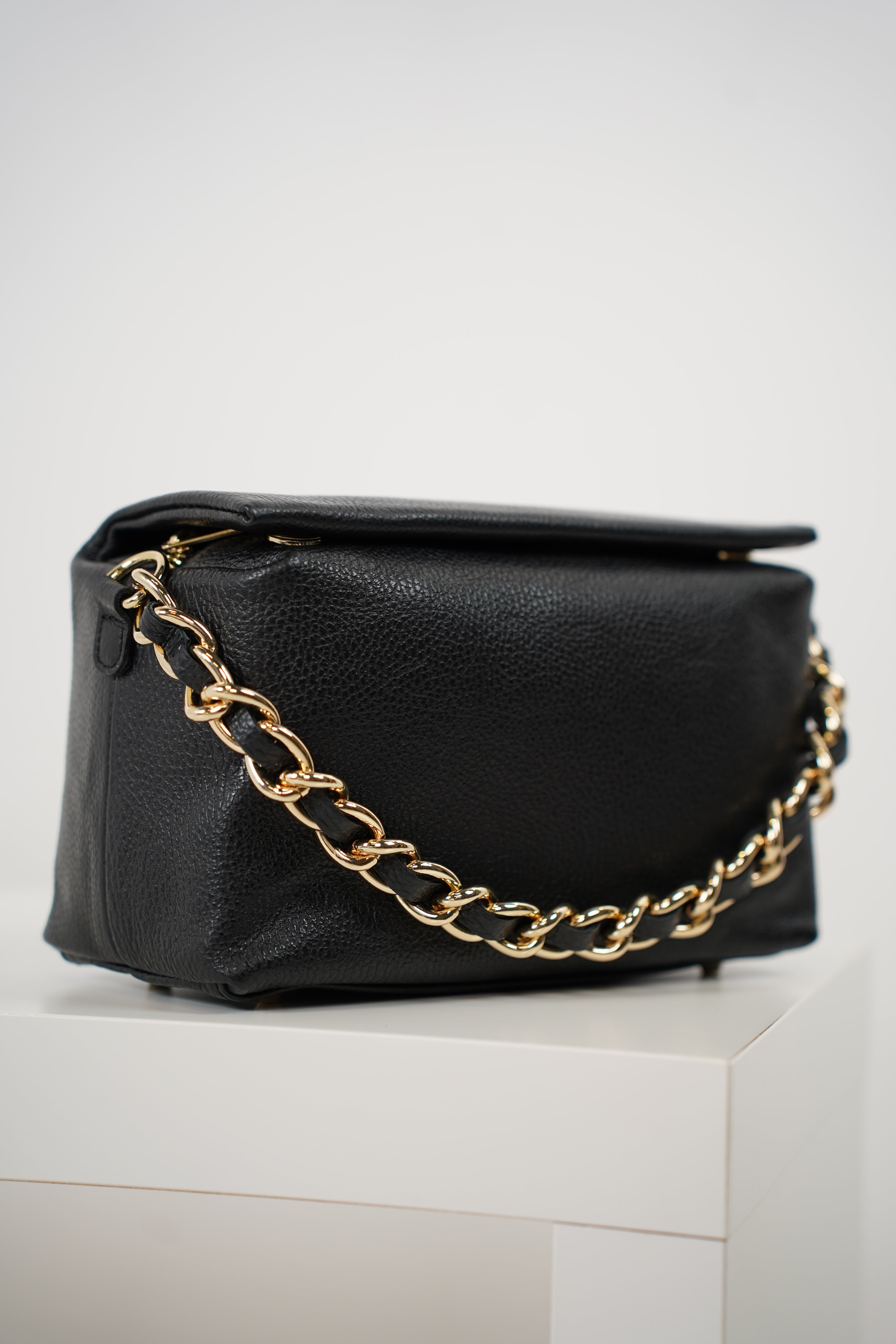 Nirra Bag – Black Italian Leather with Gold Chain Accent