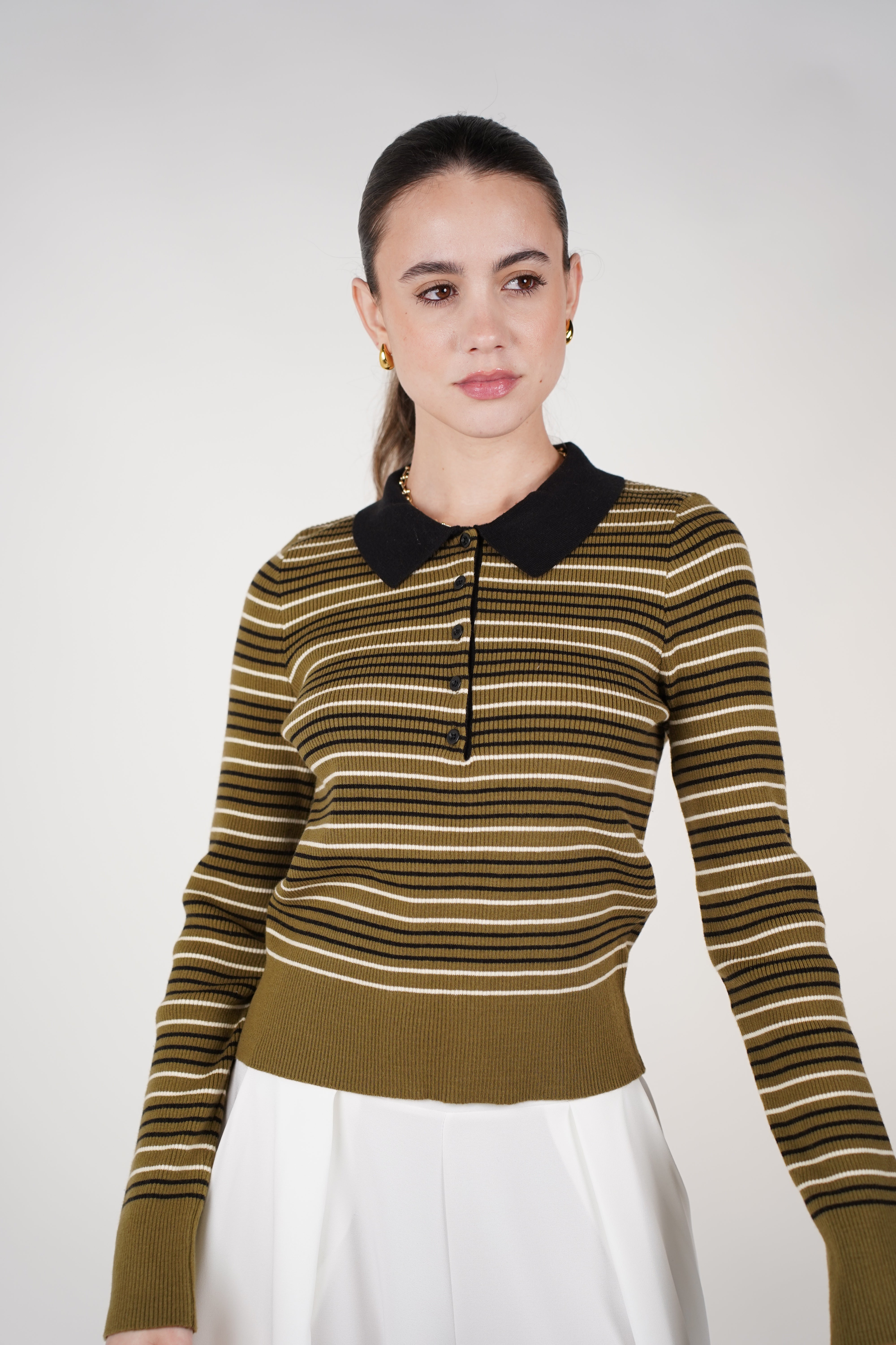 Lunora Stripped Polo Sweater – Ribbed Striped Knit with Contrast Collar