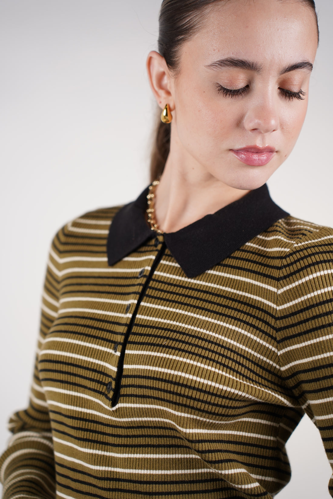 Lunora Stripped Polo Sweater – Ribbed Striped Knit with Contrast Collar