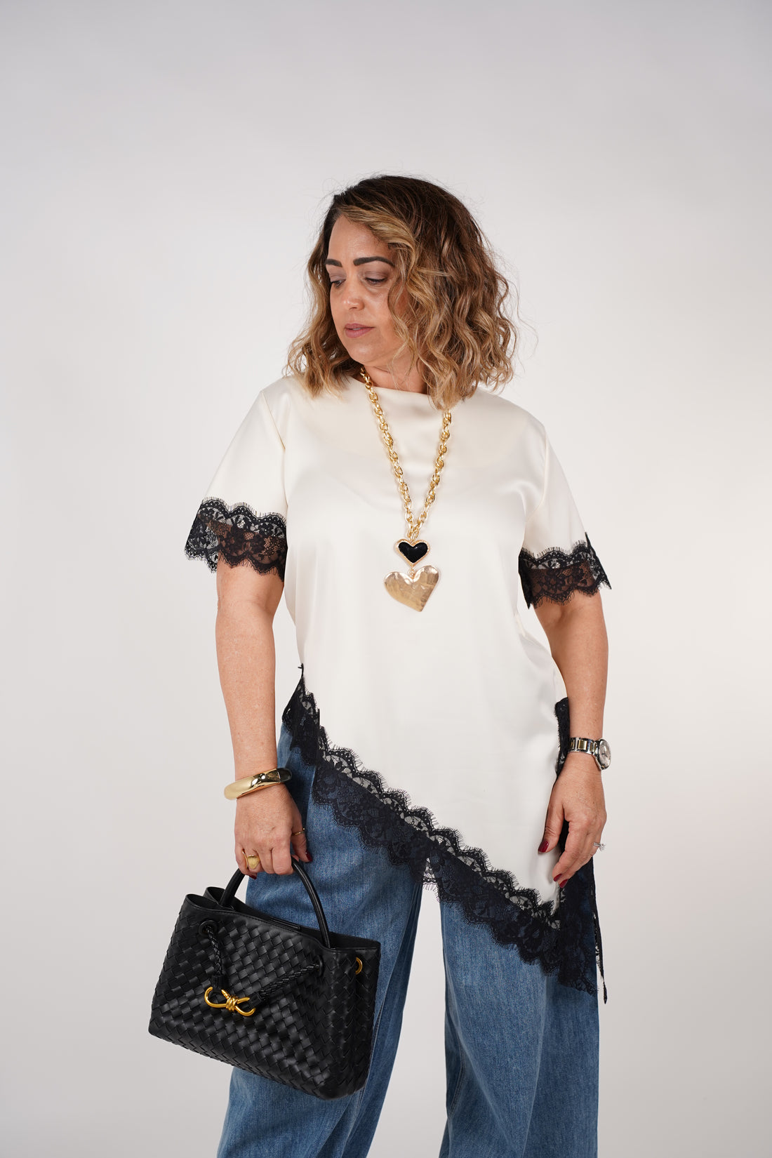 Elaris Lace Blouse – Asymmetrical Satin Top with Black Lace Trim
