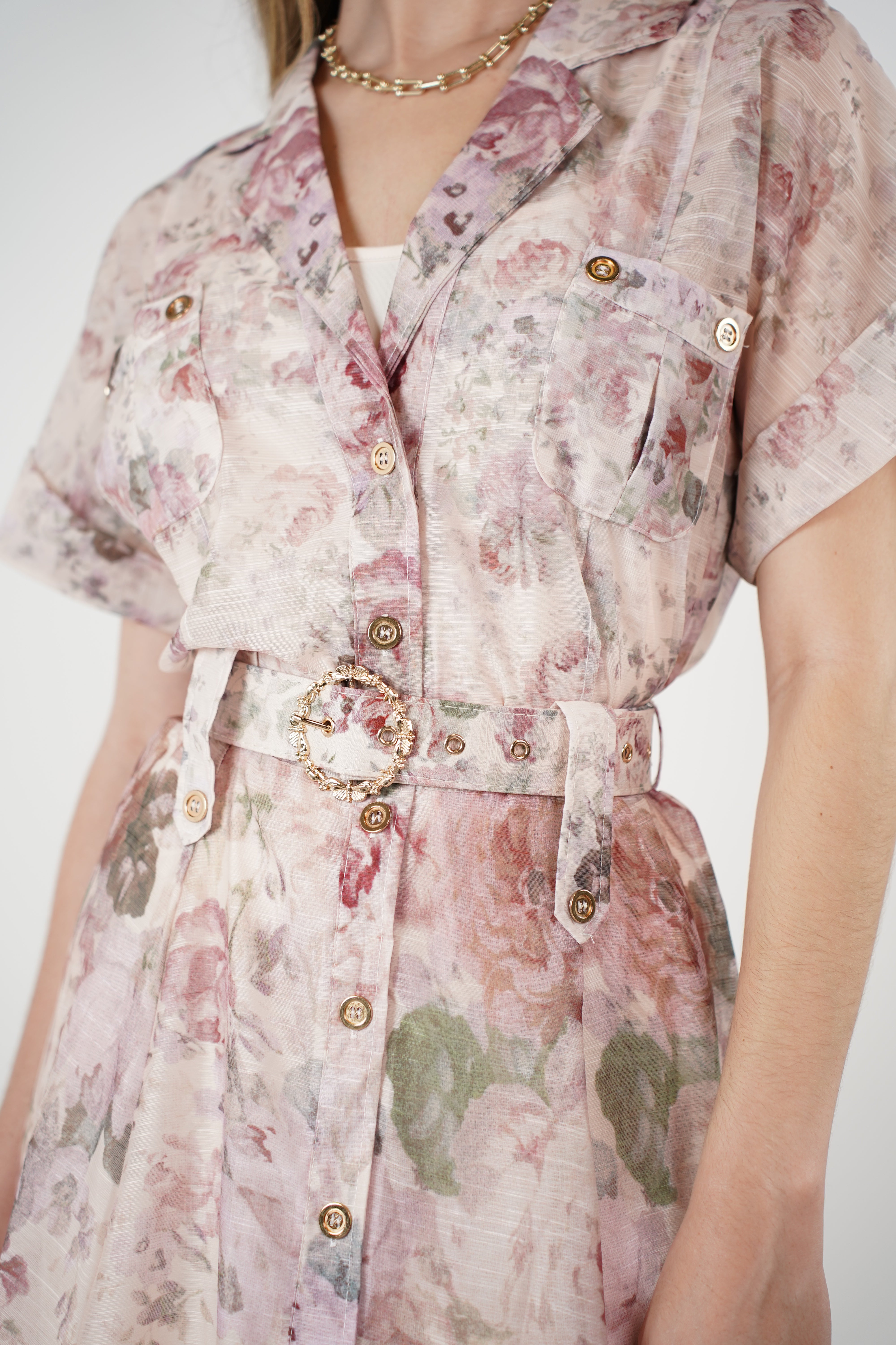 Oleni Stamped Maxi Belted Dress – Romantic Floral Button-Down Silhouette