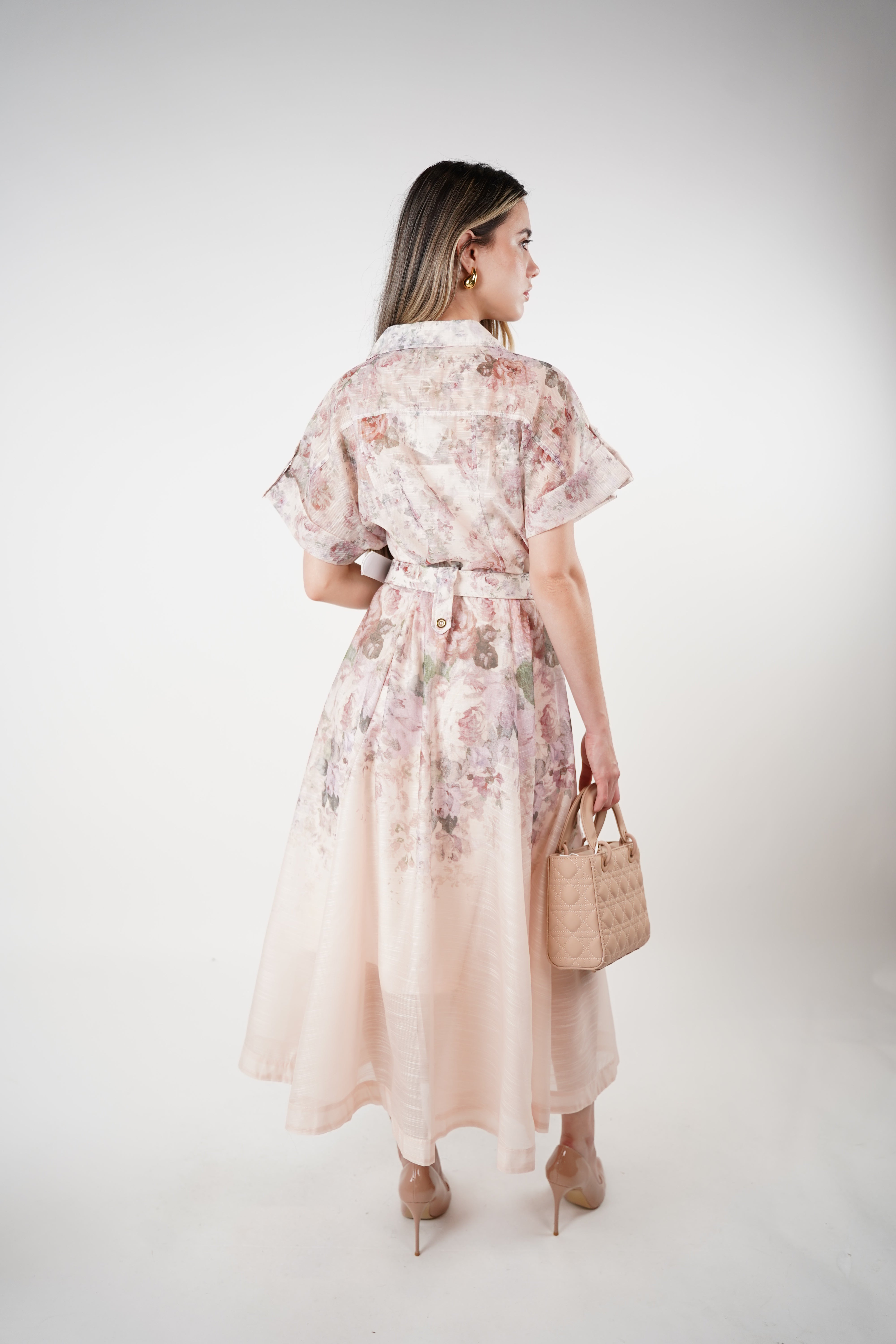 Oleni Stamped Maxi Belted Dress – Romantic Floral Button-Down Silhouette