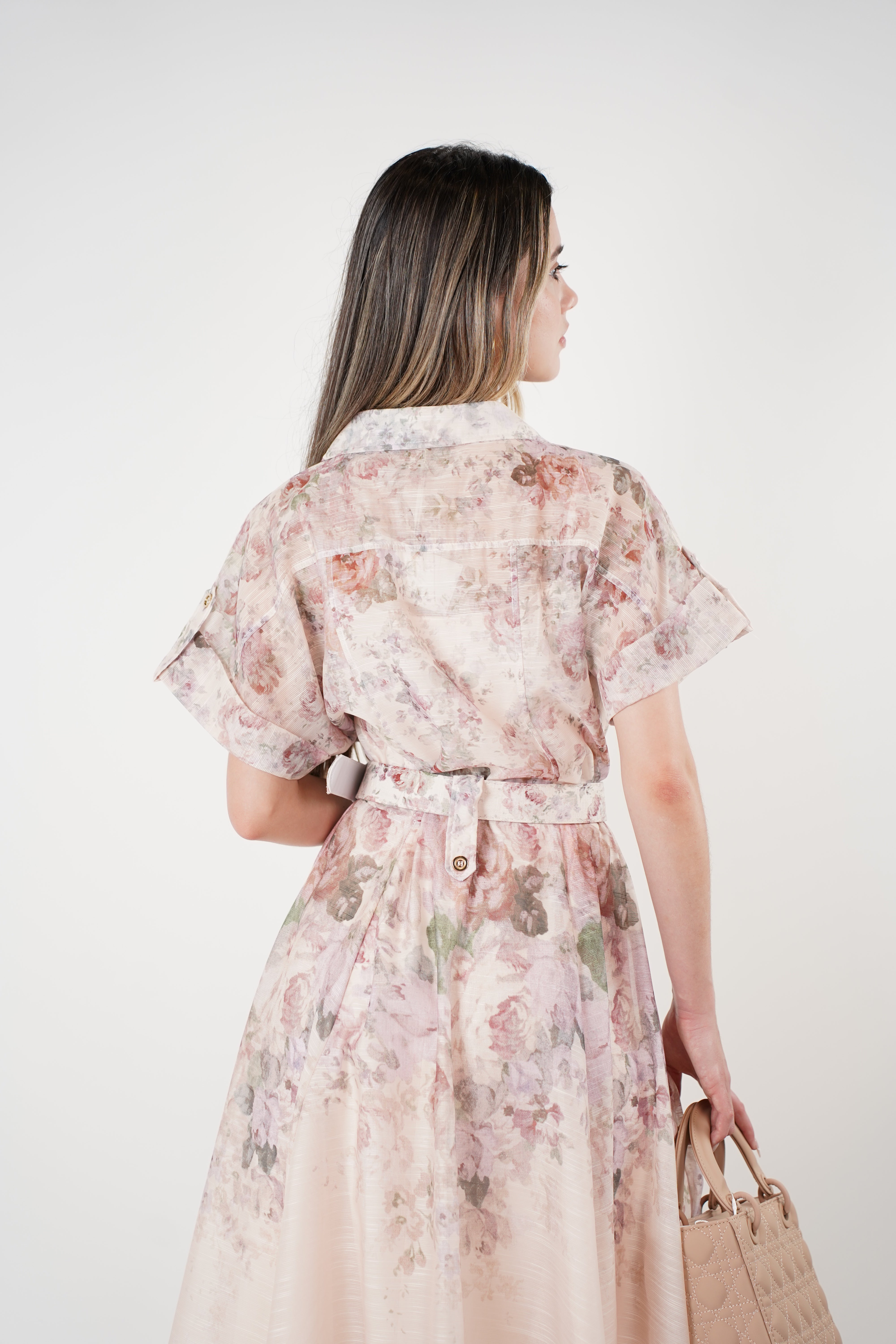 Oleni Stamped Maxi Belted Dress – Romantic Floral Button-Down Silhouette