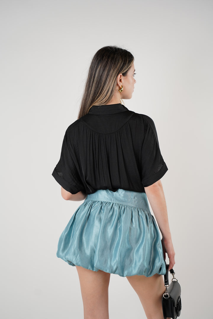 Tiven Mini Bubble Skirt – Shimmery Ice Blue Statement Skirt