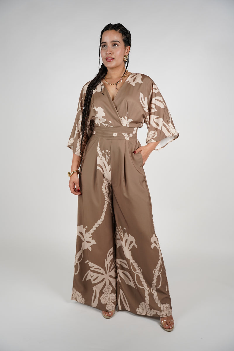Mirael Jumpsuit – Wide-Leg Wrap Look in Floral Taupe