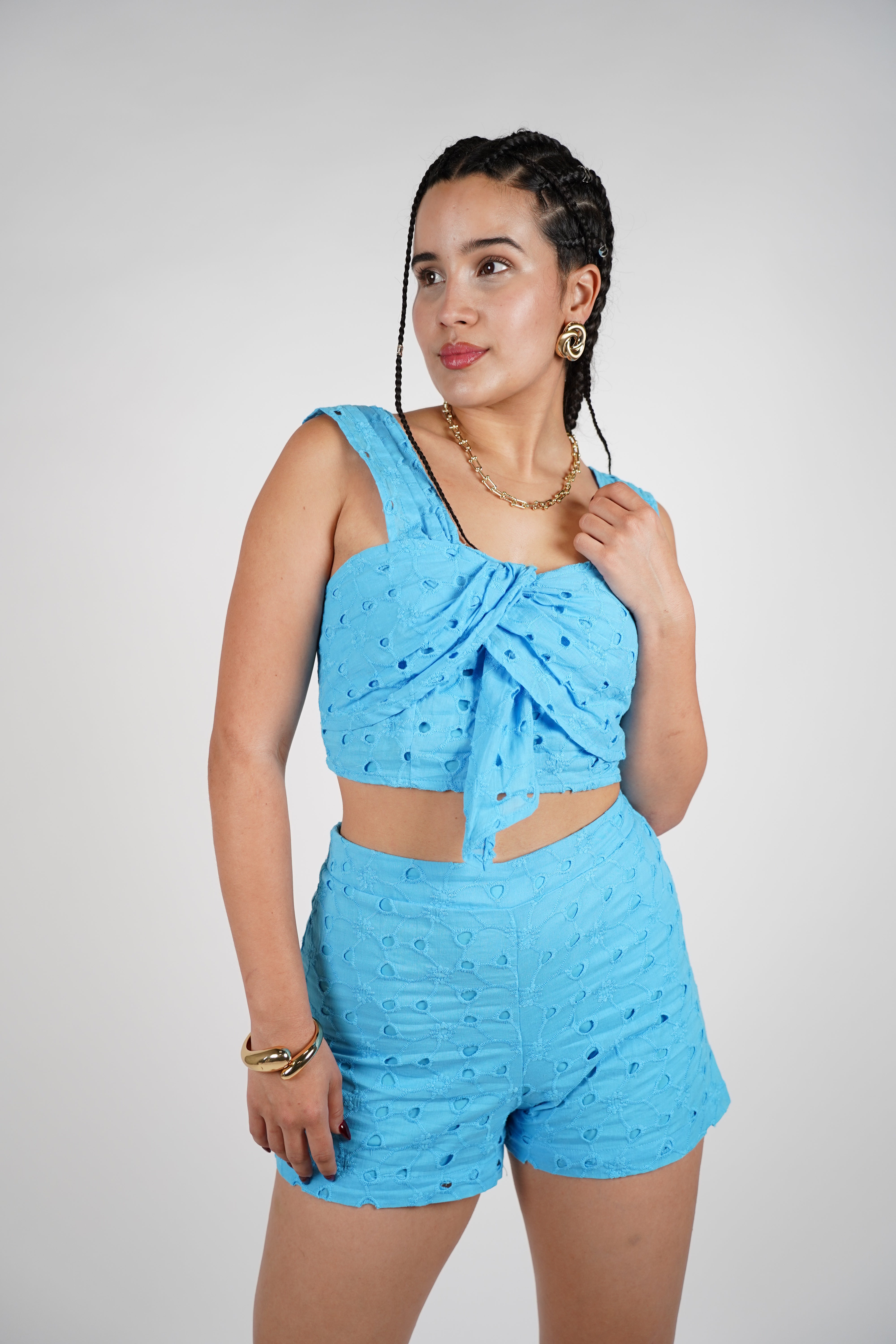 Sava Shorts Set – Bright Blue Eyelet Two-Piece for Sunny Days