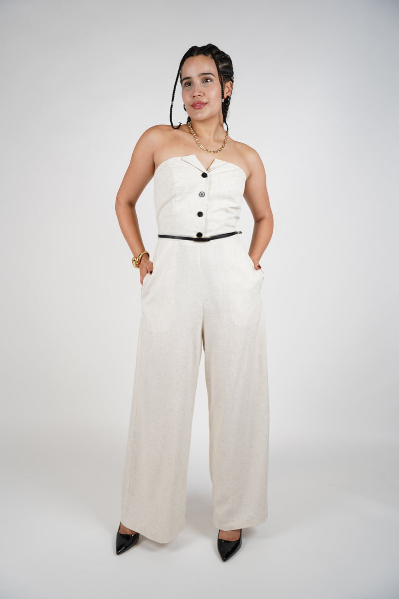 Jexa Belted Jumpsuit – Strapless Chic in Natural Linen