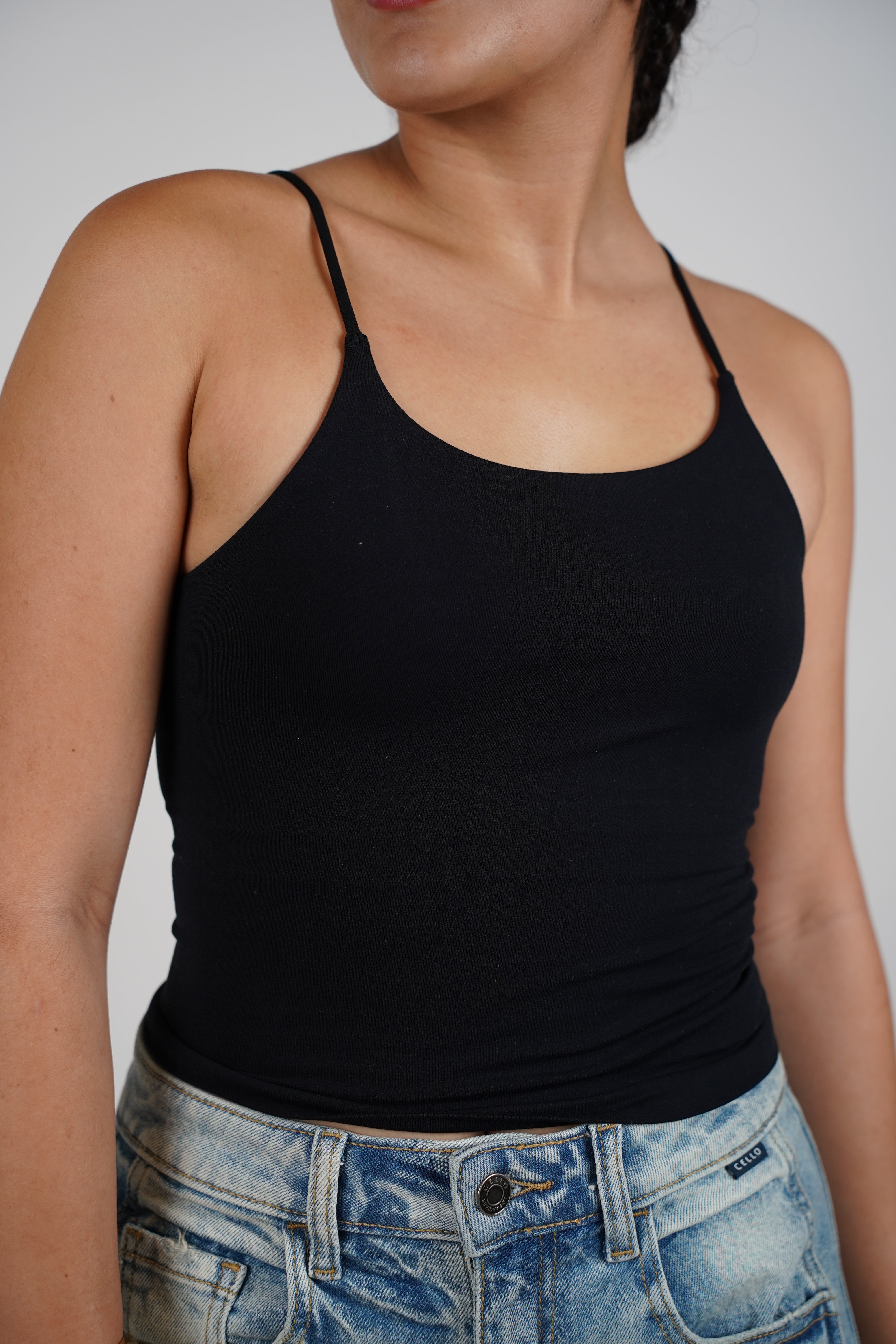 Vanu High Neck Spaghetti Strap Top – Clean, Crisp, and Closet-Ready