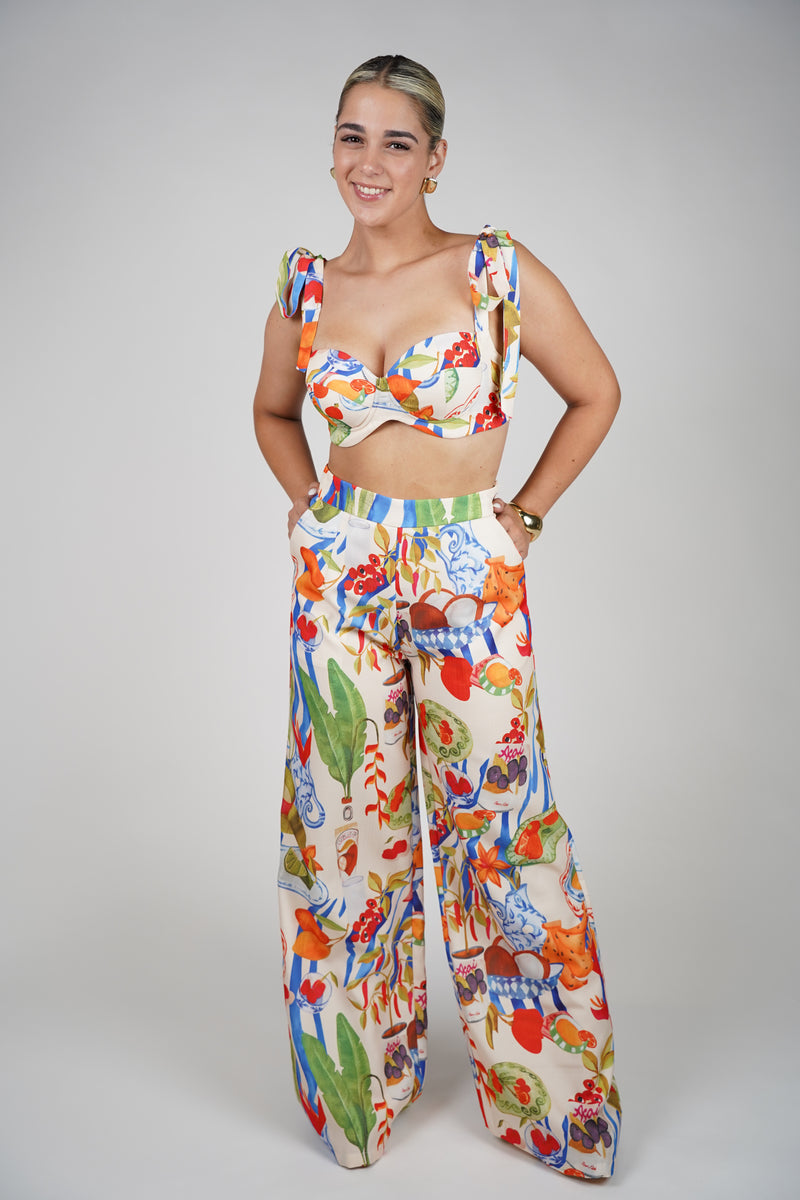 Sula Fruit Stamped Pants Set – Bold Bustier & Wide-Leg Duo