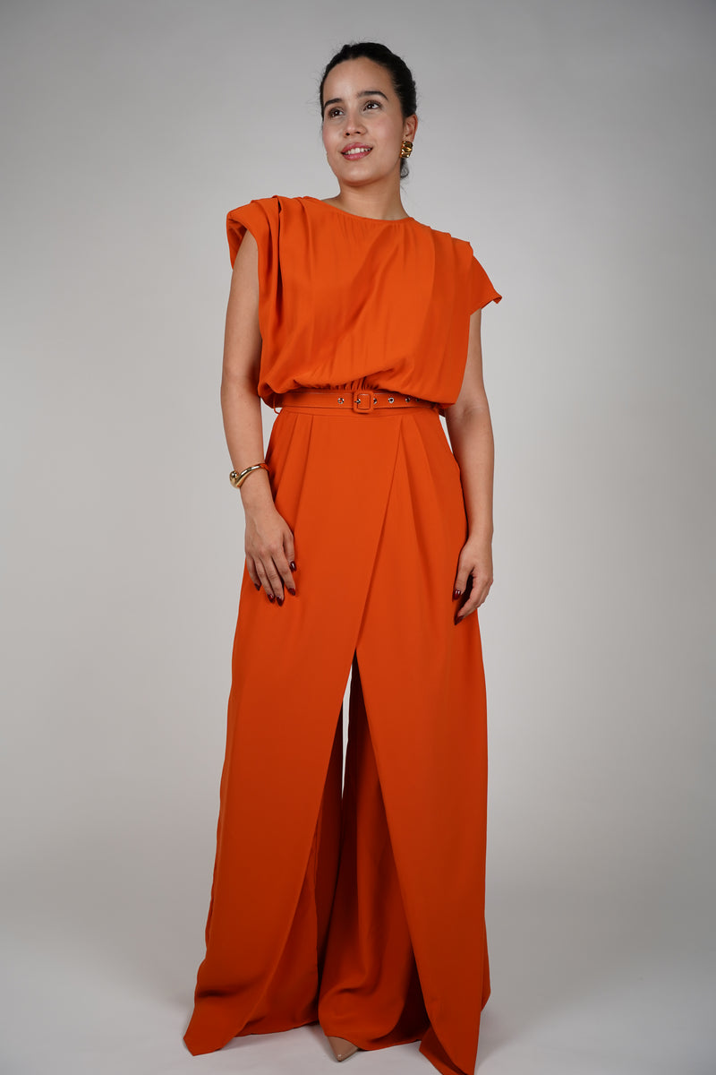 Kisa Jumpsuit – Draped Belted Wide-Leg One-Piece in Fiery Orange