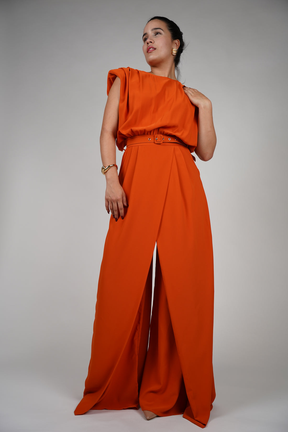 Kisa Jumpsuit – Draped Belted Wide-Leg One-Piece in Fiery Orange