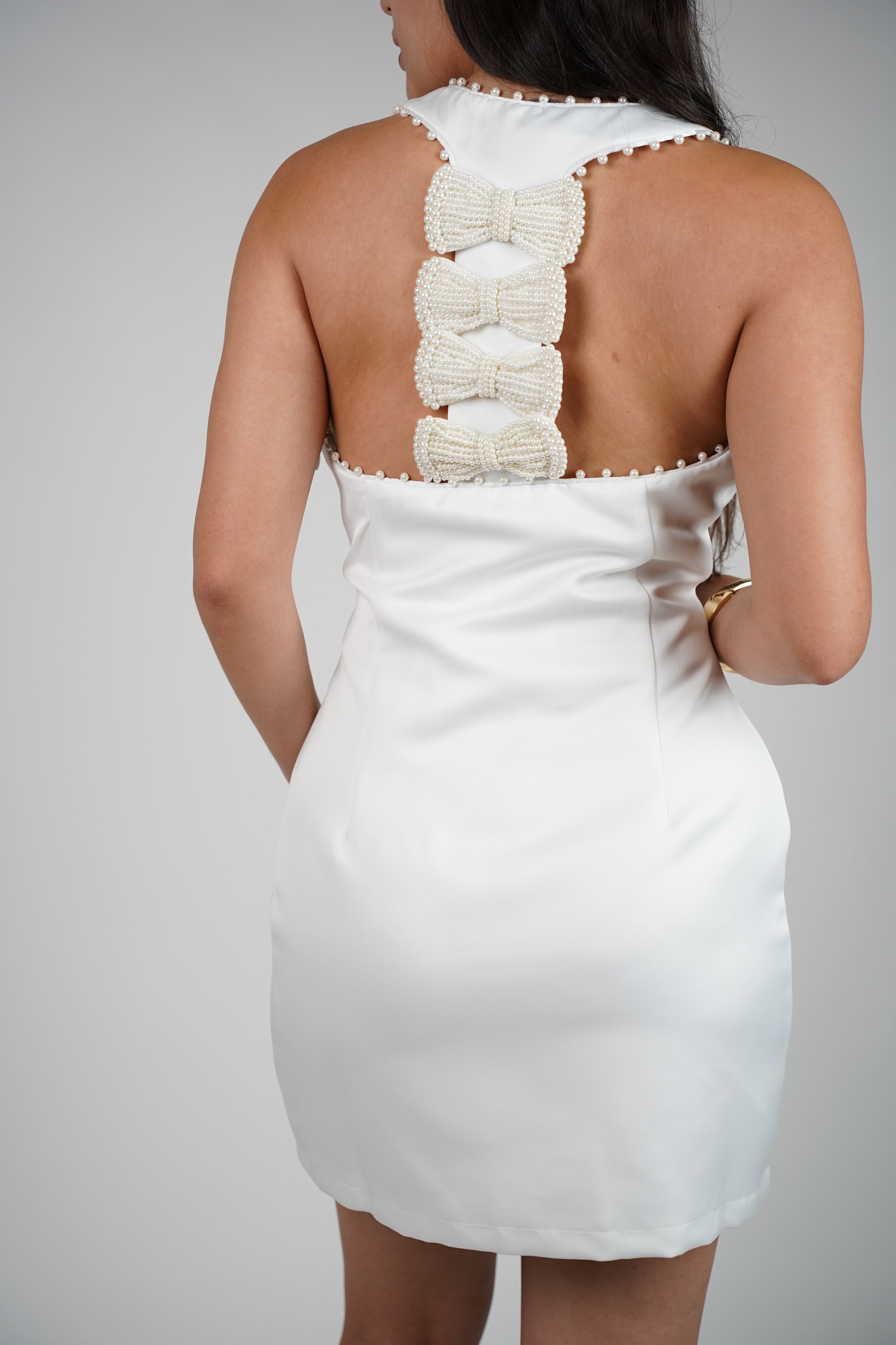 Zoya Pearl Mini Dress – Sleek Satin Dress with Statement Back Bows