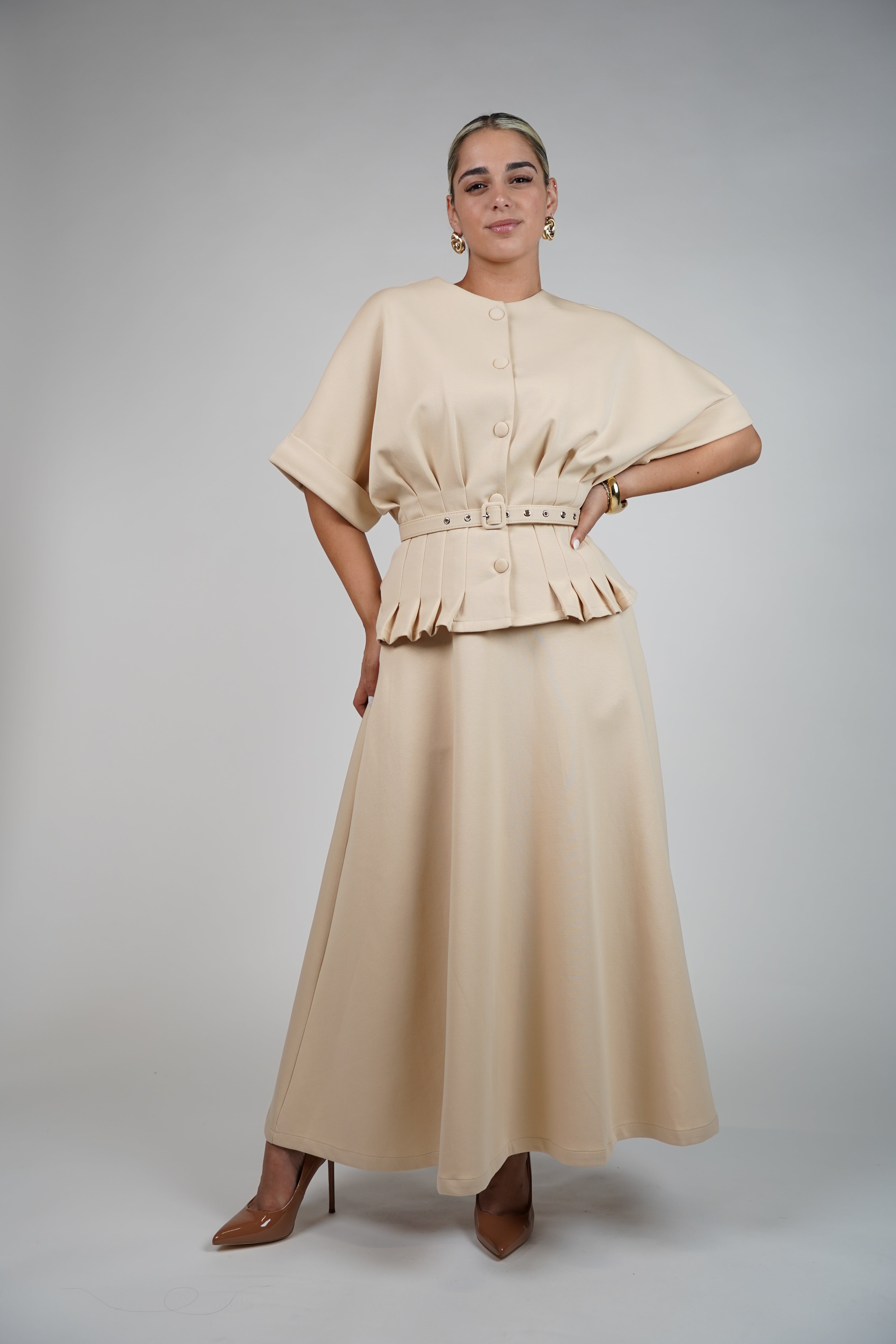Vidal Skirt Set – Pleated Waist Blouse & Flowy A-Line Skirt in Soft Beige