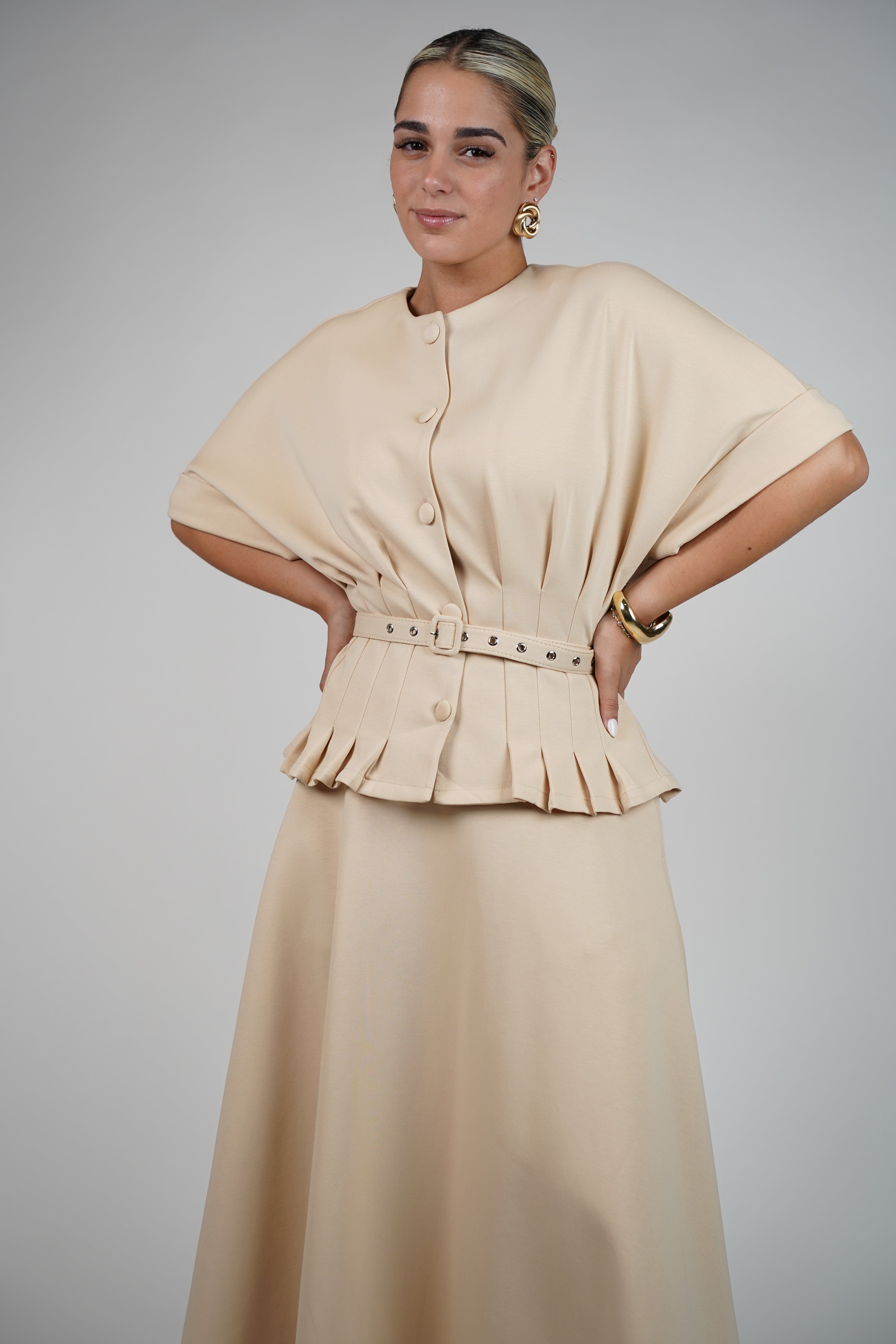 Vidal Skirt Set – Pleated Waist Blouse & Flowy A-Line Skirt in Soft Beige