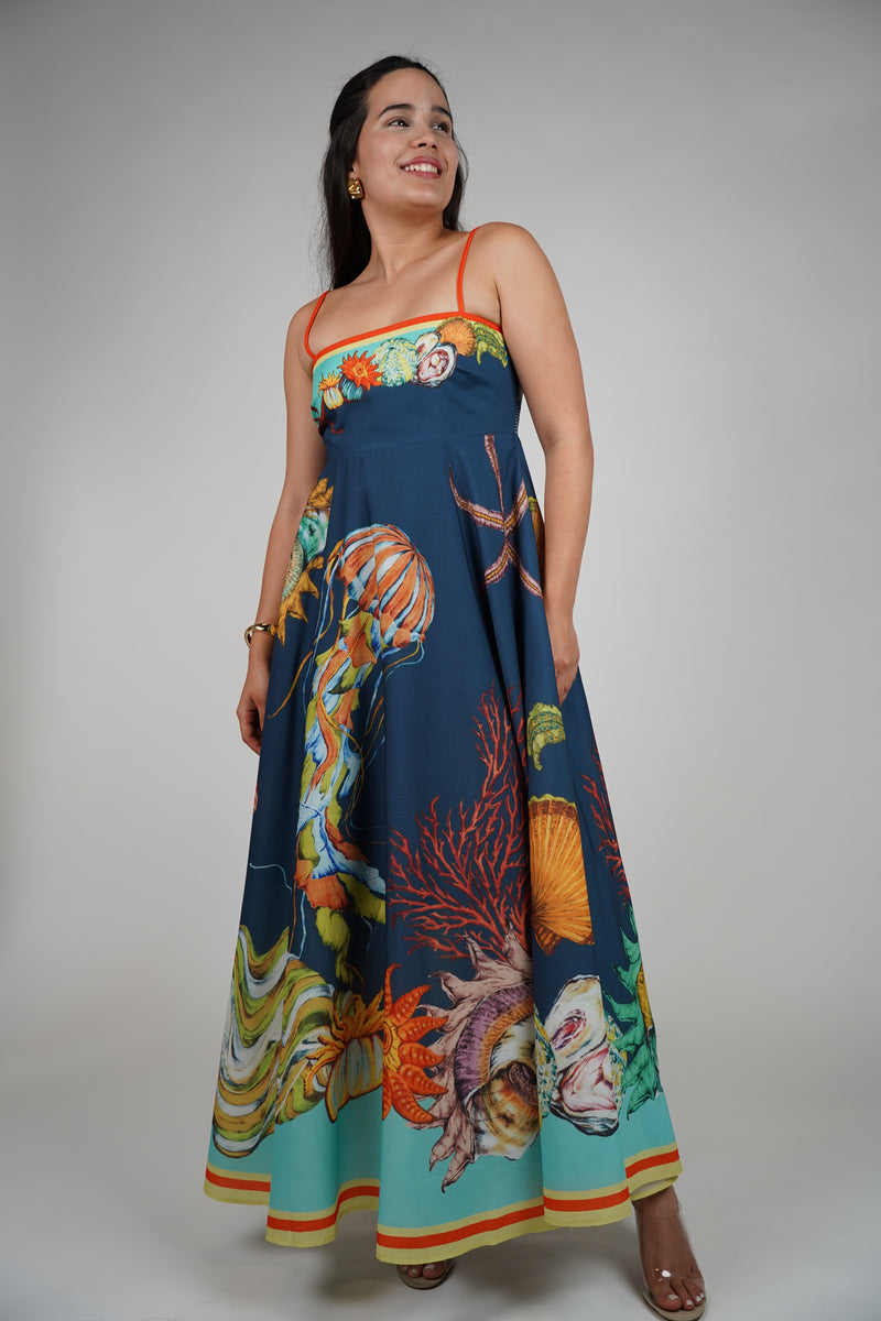 Orelle Ocean Stamp Maxi Dress – Deep Sea-Inspired Statement Gown