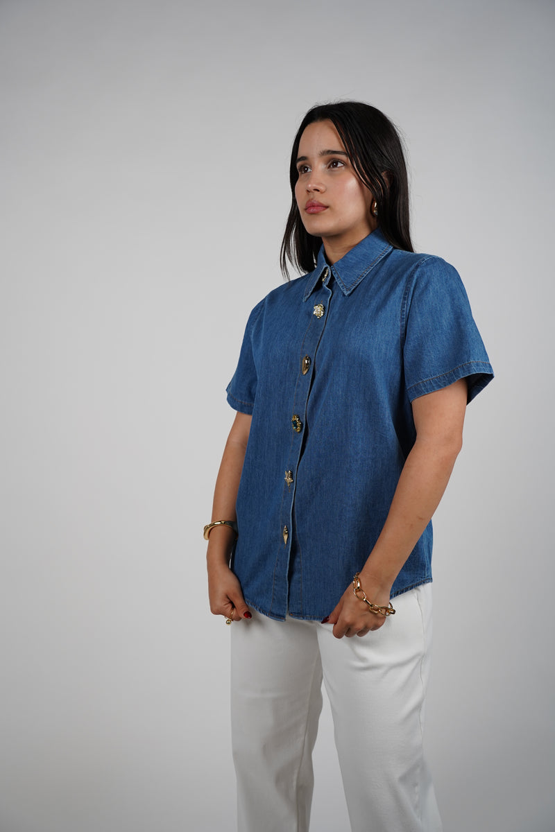 Selen Exotic Button Down – Denim Shirt with Statement Gem Buttons