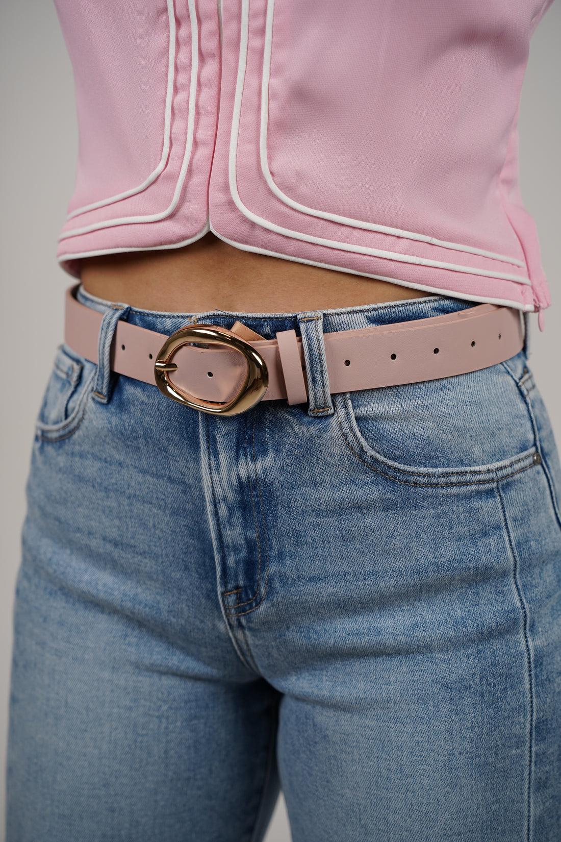 Tysa Belt – Soft Blush Statement Belt with Bold Gold Buckle